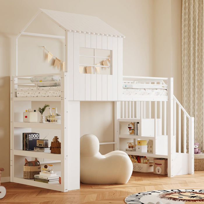 Iron Loft Bed with House Design, Storage Shelf and Safety Stairs, 90x200cm, White