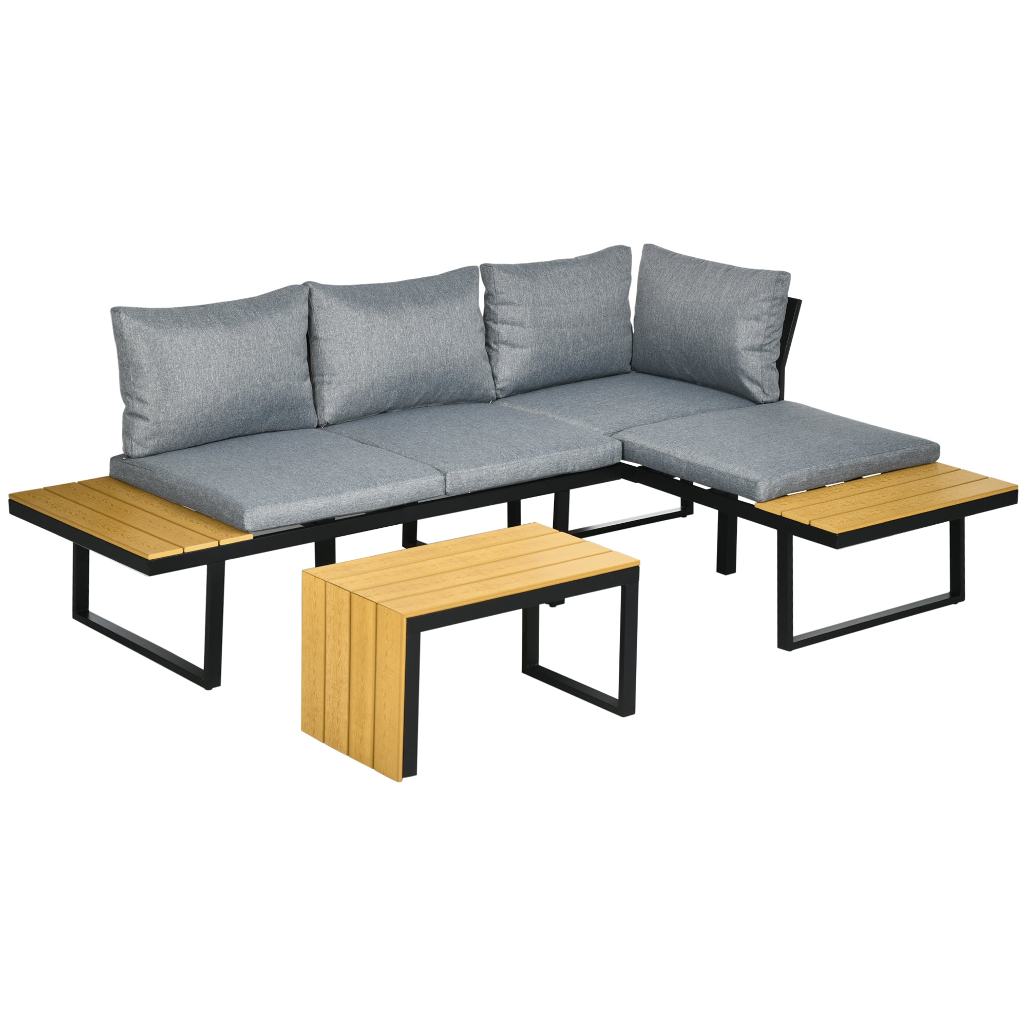 3 Pieces Patio Furniture Set Outdoor Sofa Conversation with Padded Cushions and Wood Grain Table, Dark Grey