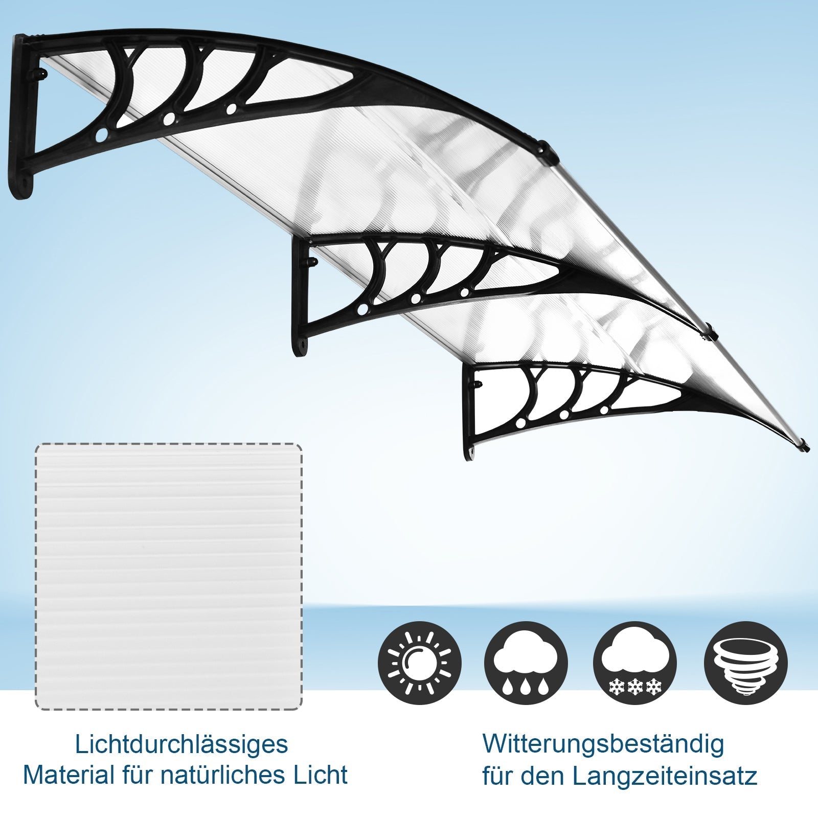 Vordertürüberdachung, 75x195x23 cm, 5mm Polycarbonat, Transparentes Aluminium