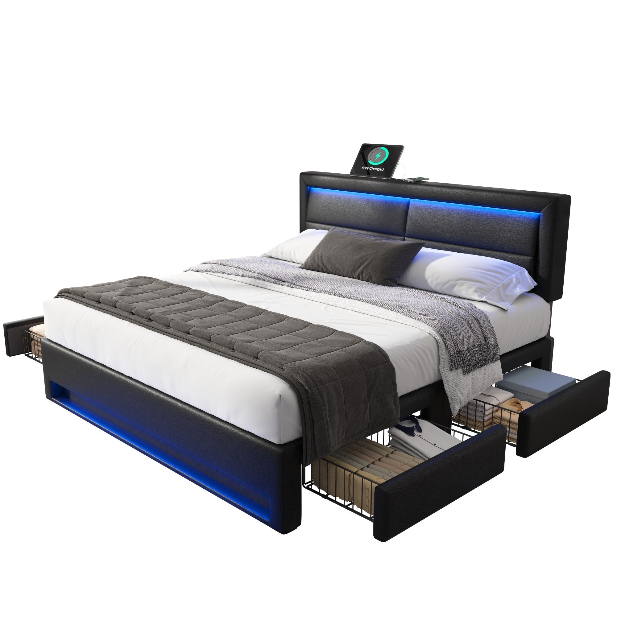 Upholstered Bed 160x200cm with USB Charging, LED Lighting and 4 Drawers, Black PU Lychee Pattern