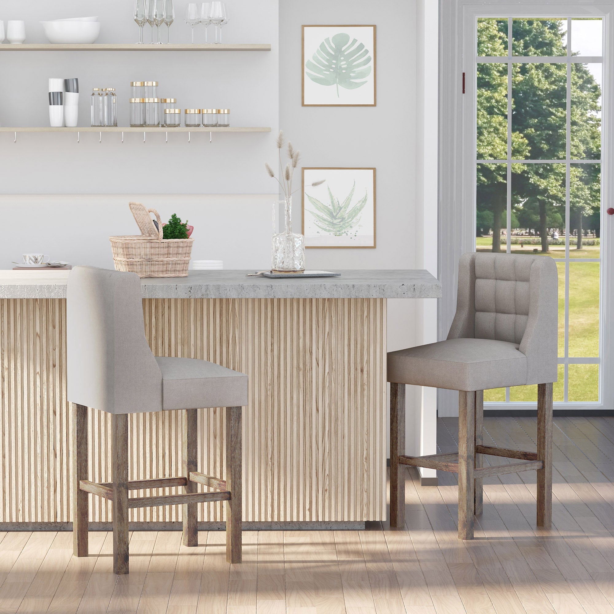 Set of 2 Bar Stools with Backrest, Solid Wood, Grey + Natural