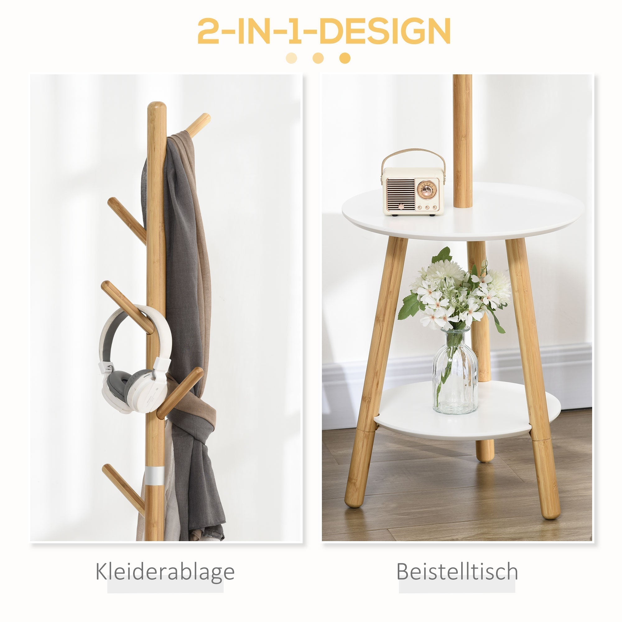 Garderobenständer, 5 Haken, Beistelltisch, 171cm, Naturweiß