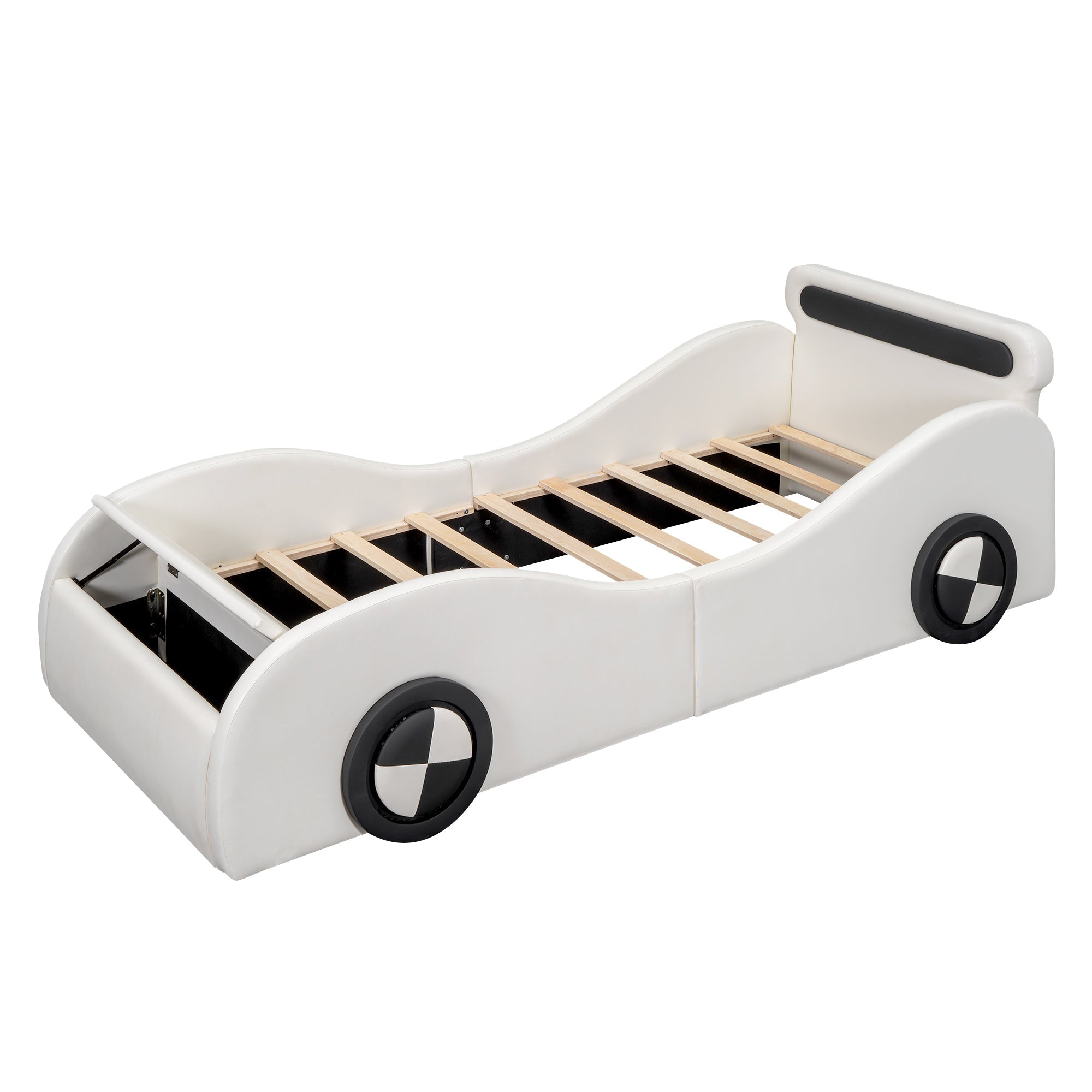 Car Shaped Upholstered Bed with Light-up Wheels and Storage, White PU