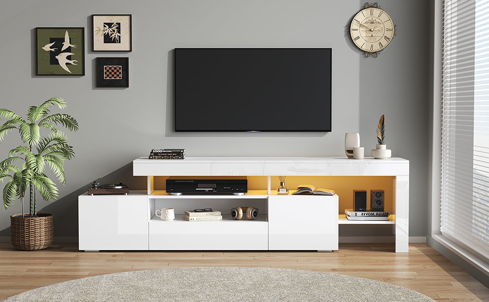 TV Cabinet, 192x37x53cm with 3 Cabinets, LED High-Gloss, White