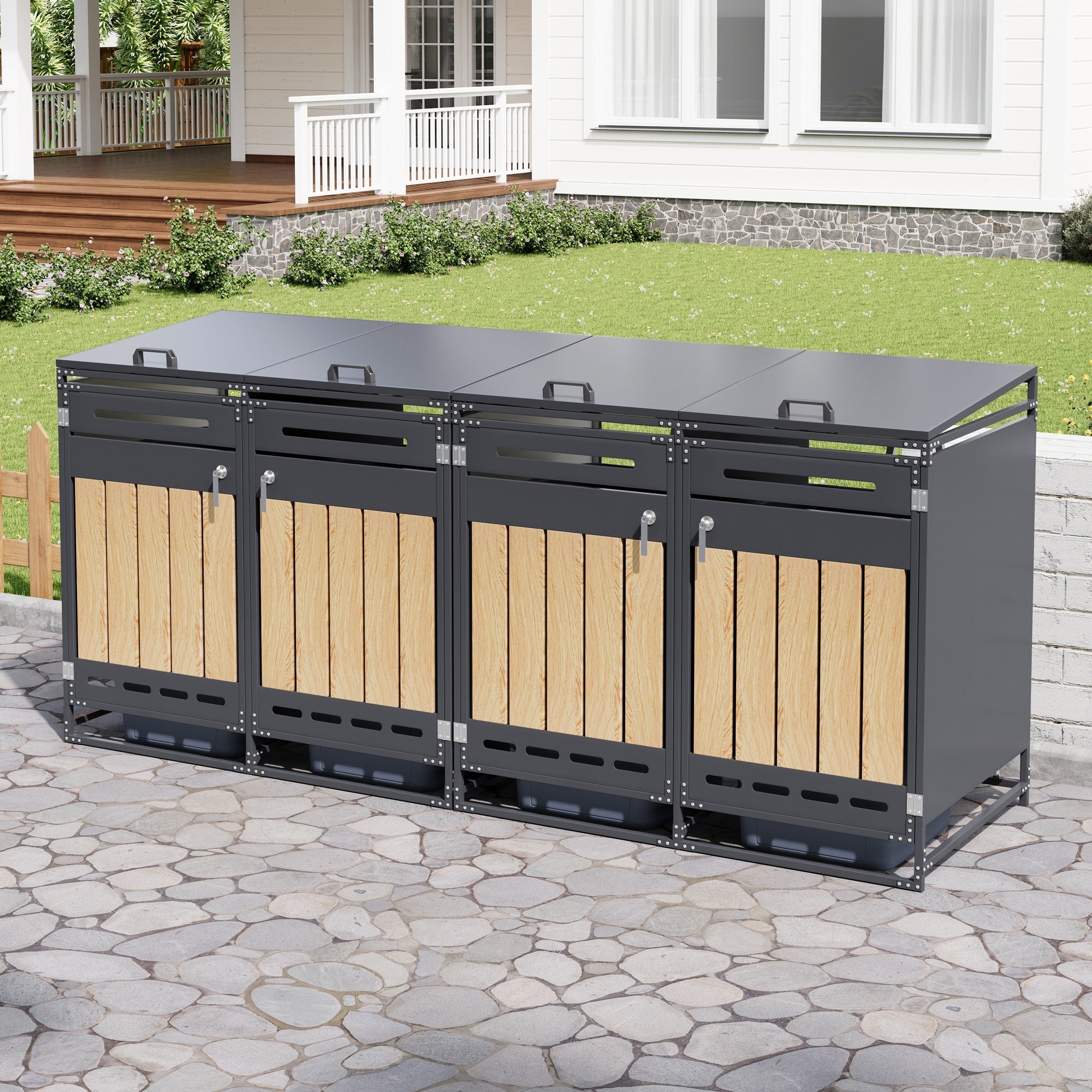 Bin Storage Cabinet, Set of 4 with Hydraulic Lids and Vertical Cladding, Iron Wood-Look