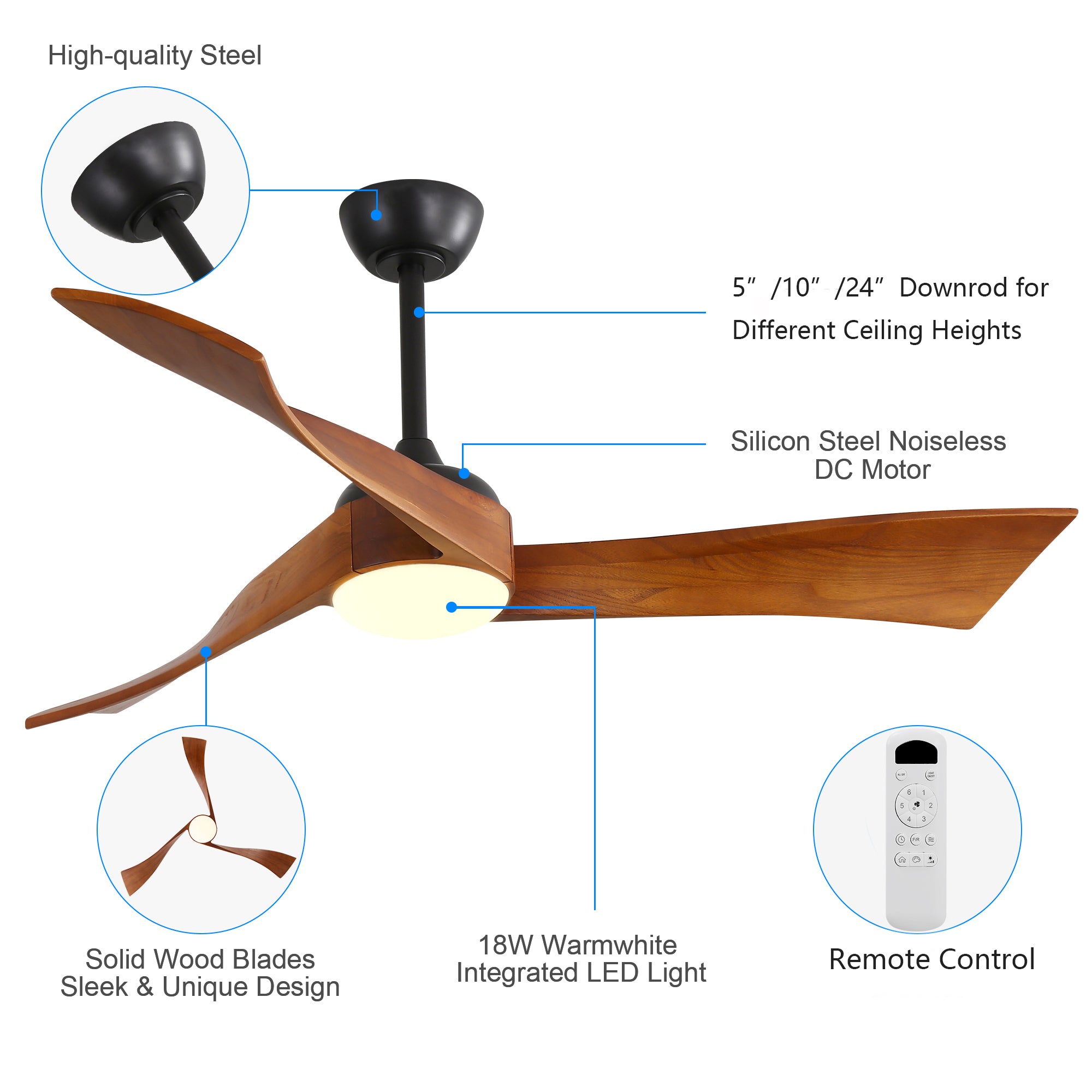 52-inch Ceiling Fan with Light, 6 Speed Settings, Energy-Saving DC Motor, Remote Control