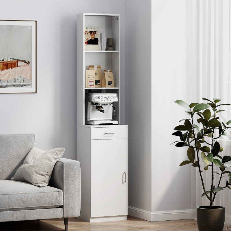 Hoher Badezimmerschrank, Schubladentür, verstellbare Einlegeböden, Weiß