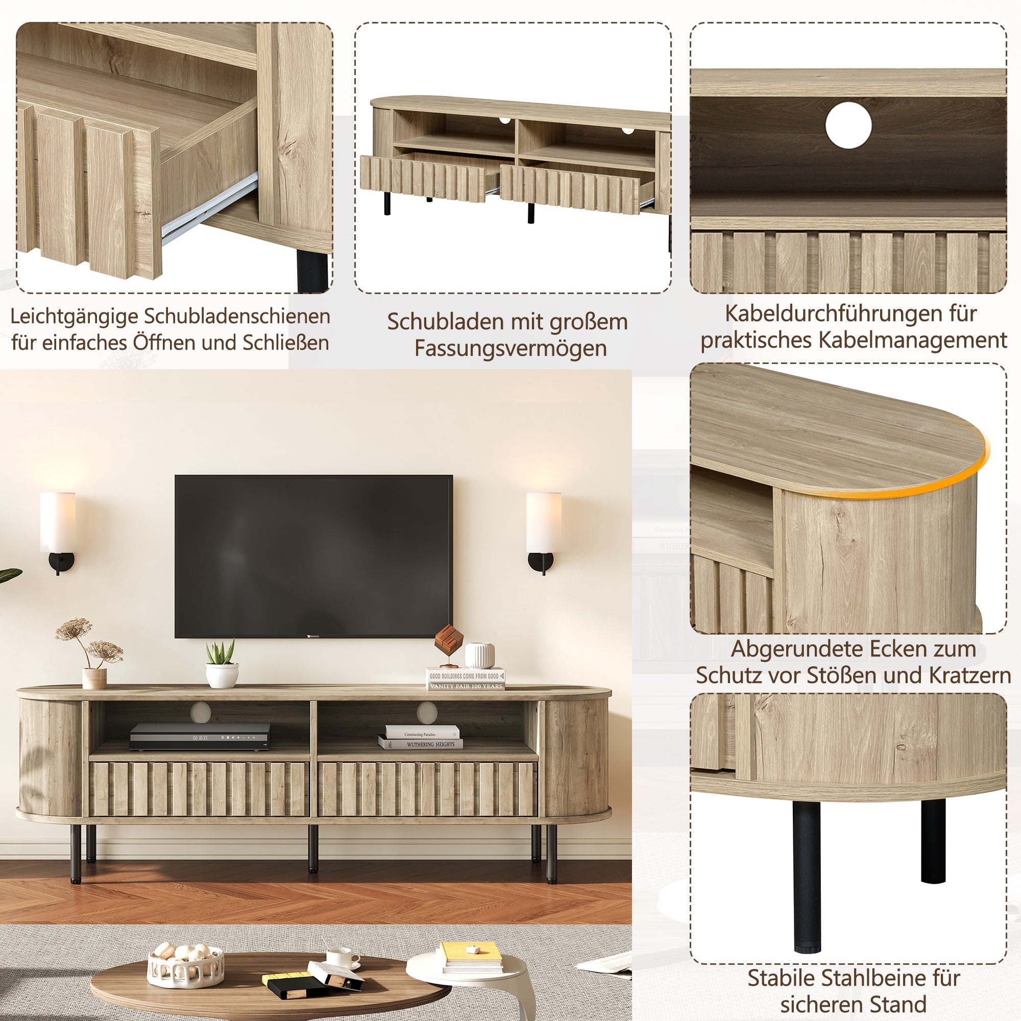 TV Cabinet Lowboard 160cm 2 Doors 2 Drawers for 65 Inch - Natural Wood