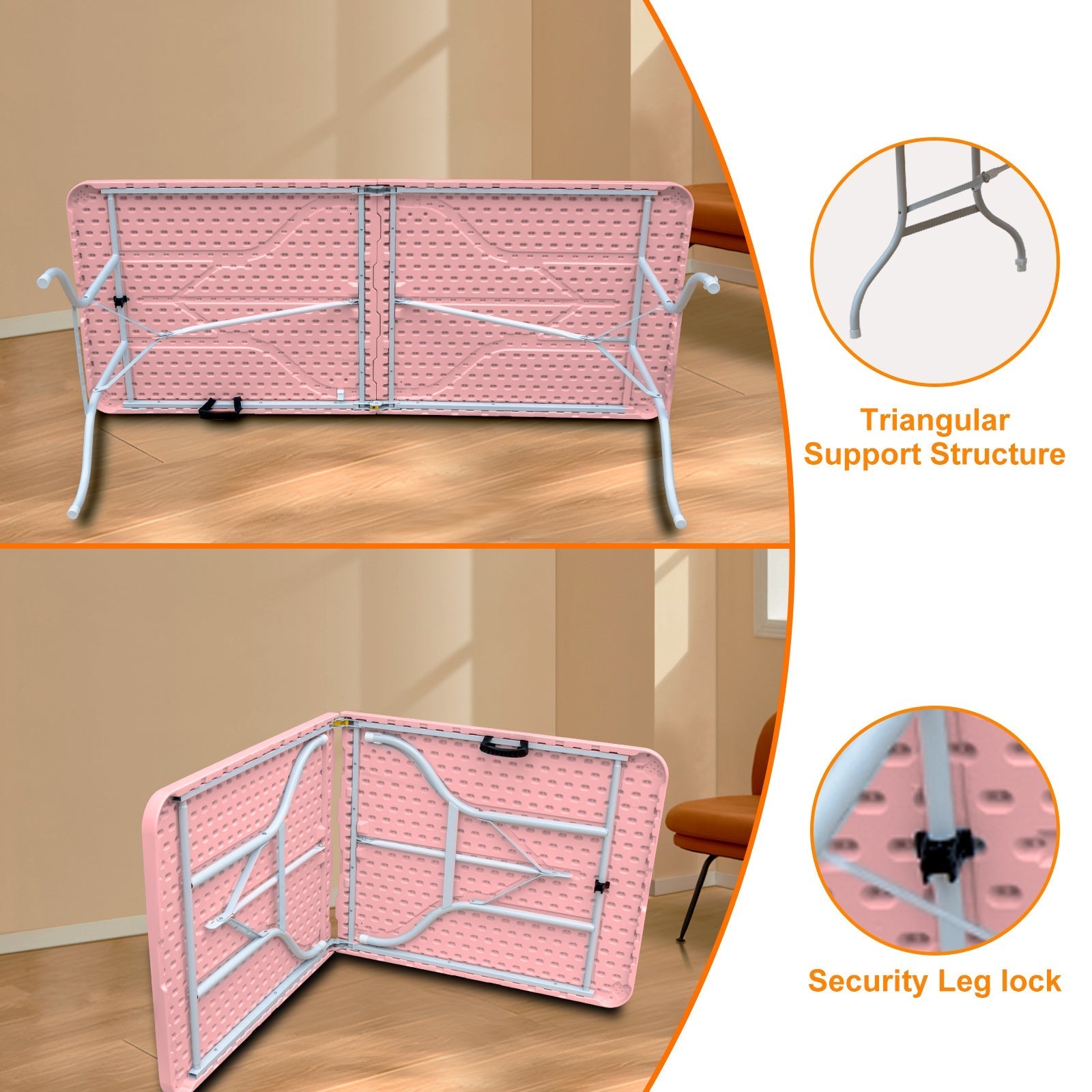 Klapptisch 180cm, strapazierfähig, tragbar mit Griff, Pink
