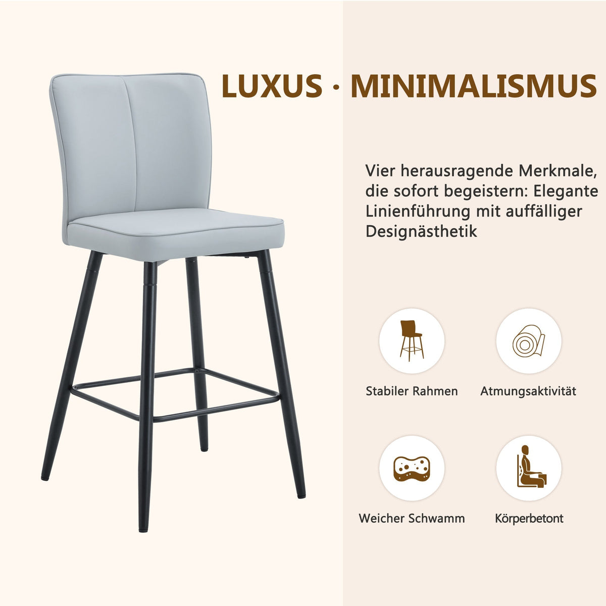 Bar Chair Set 2-Piece 101cm High Ergonomic Backrest - Light Grey PU