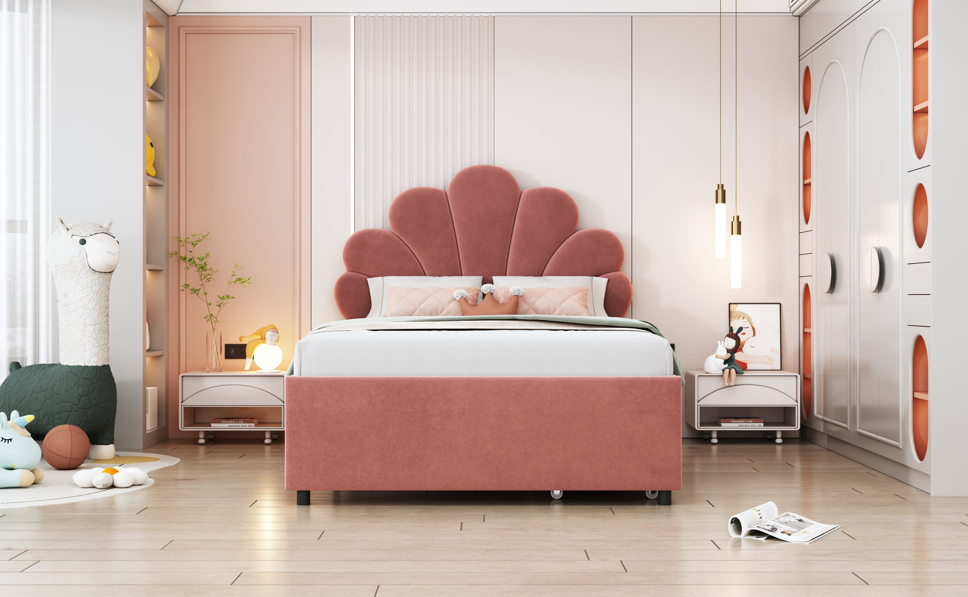 Children's Upholstered Bed 90x200 Floral Headboard Storage Velvet Pink