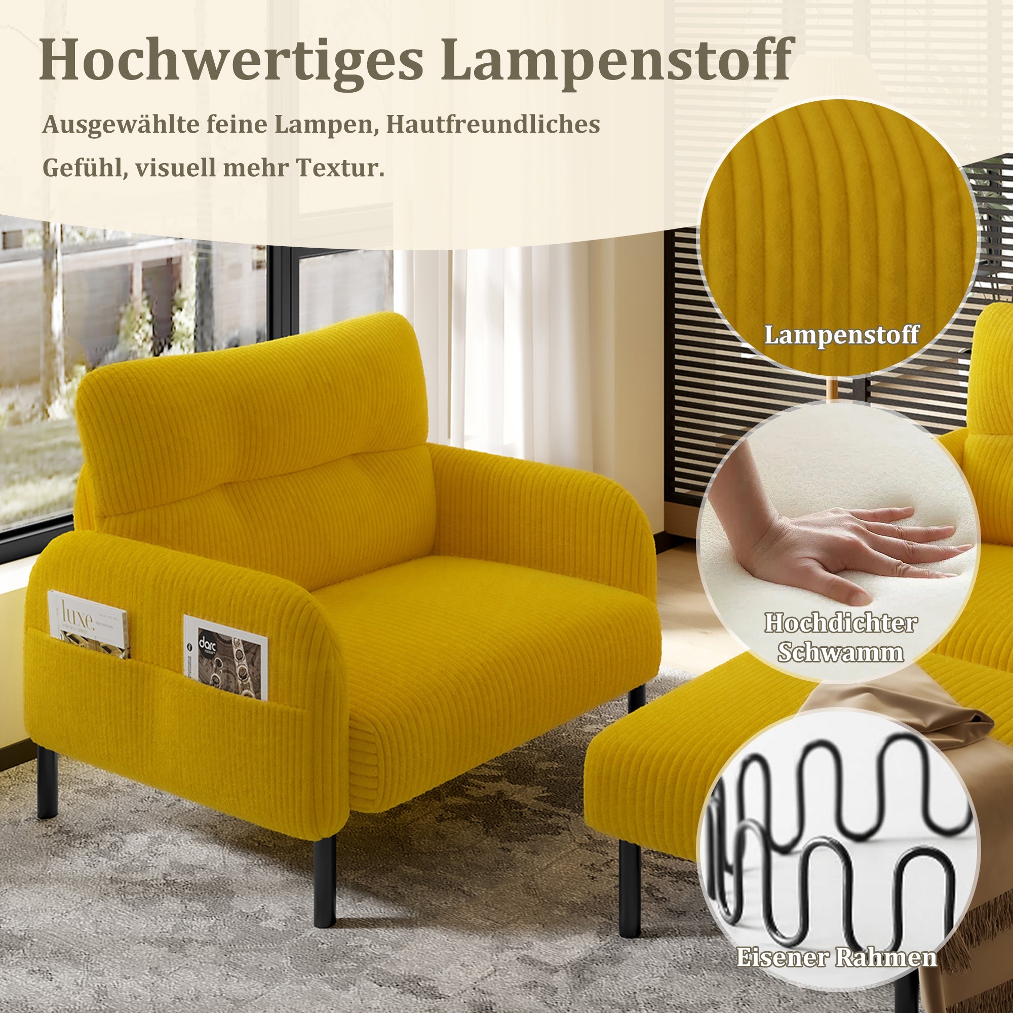 Cord Modular 3-Piece Sofa Set, Armchair Footstool 2-Seater, Deep Seat Tubular Steel Frame, Mustard Yellow