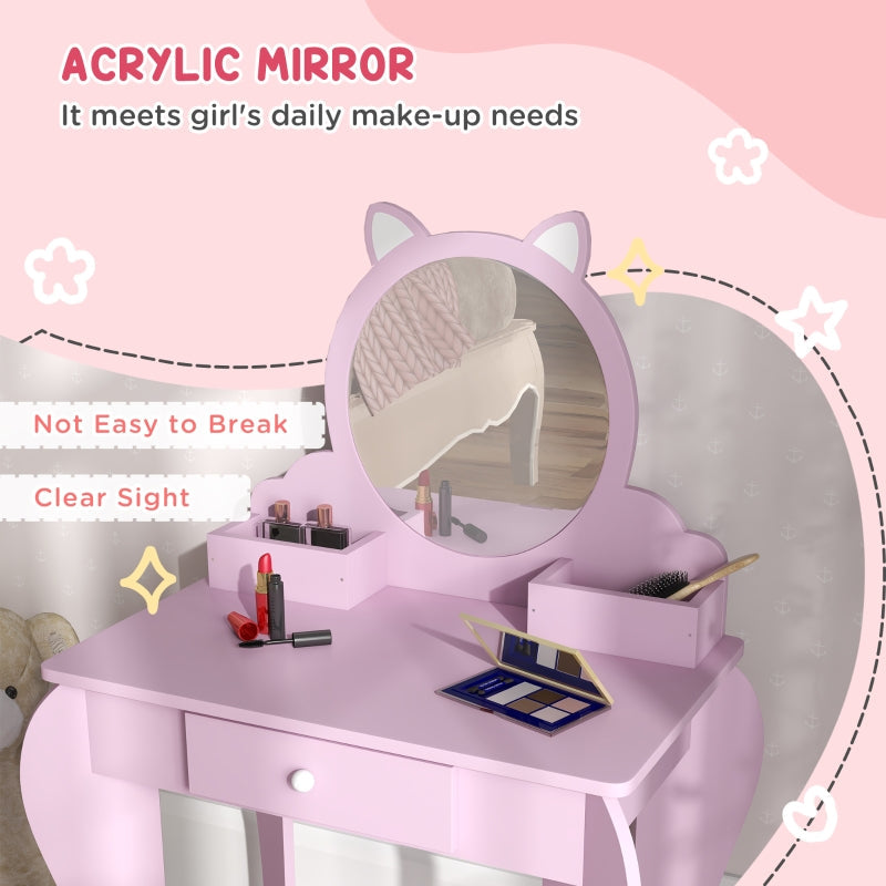 Kids Vanity Table with Mirror, Stool, Drawer, Cat Design, for Ages 3-6 Years - Pink
