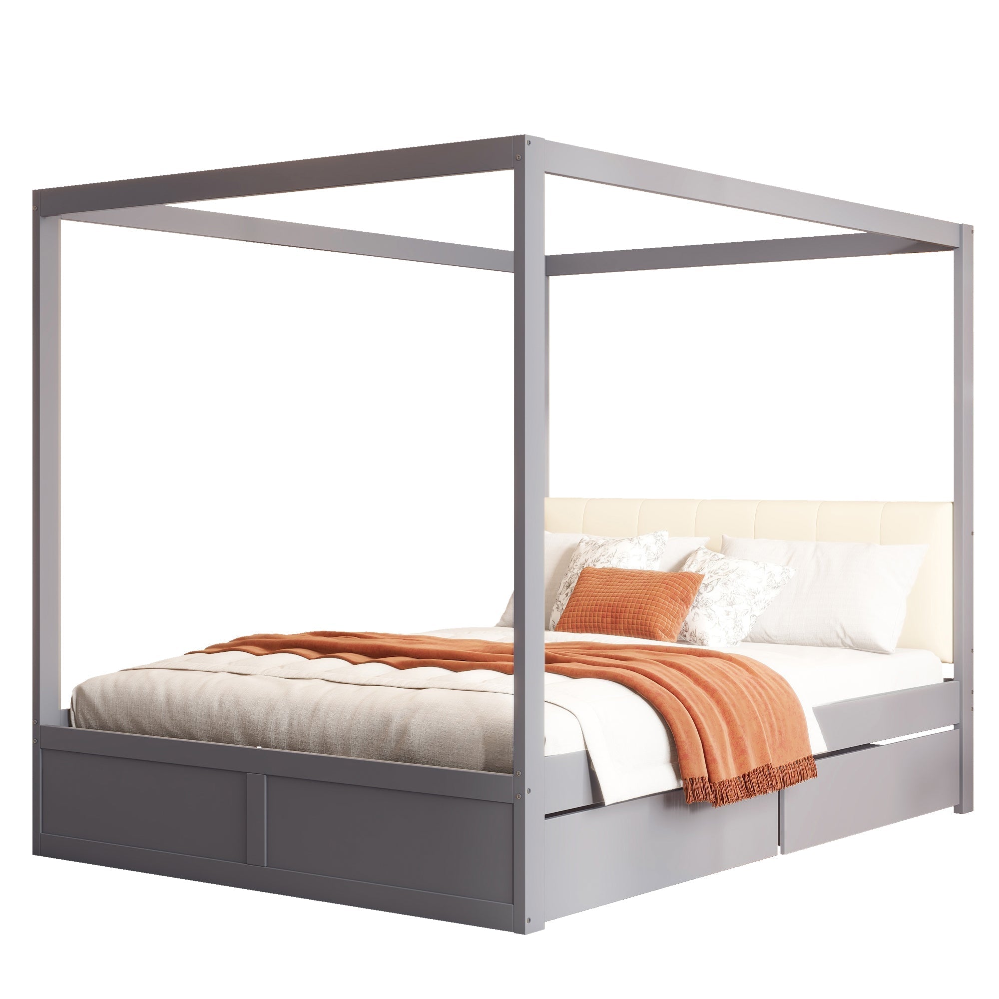 Canopy Bed 140x200cm Large Drawers Soft Headboard, Wooden Grey