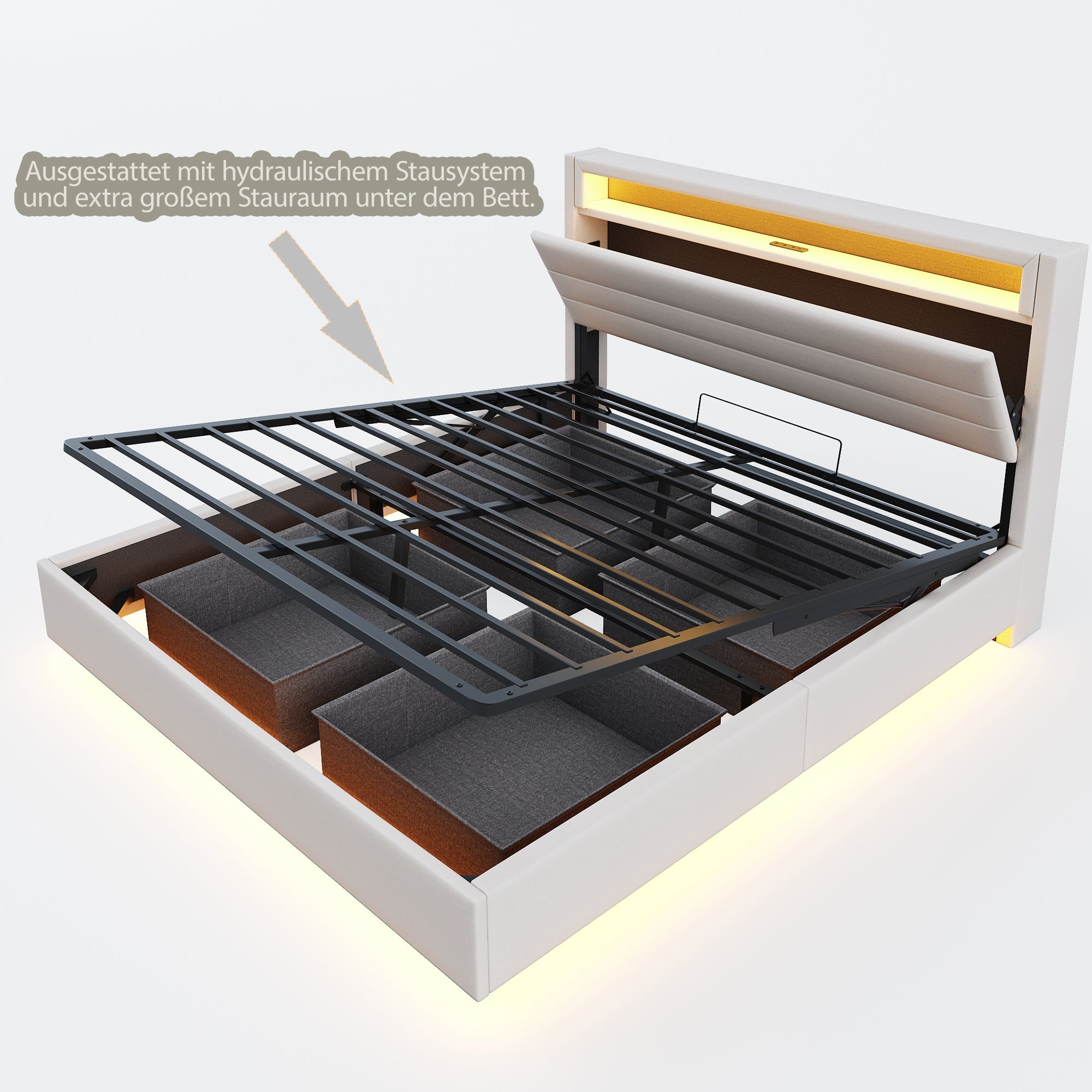 Upholstered Bed, Hydraulic Floating with Storage, USB & LED, Reversible Headboard, Linen Beige