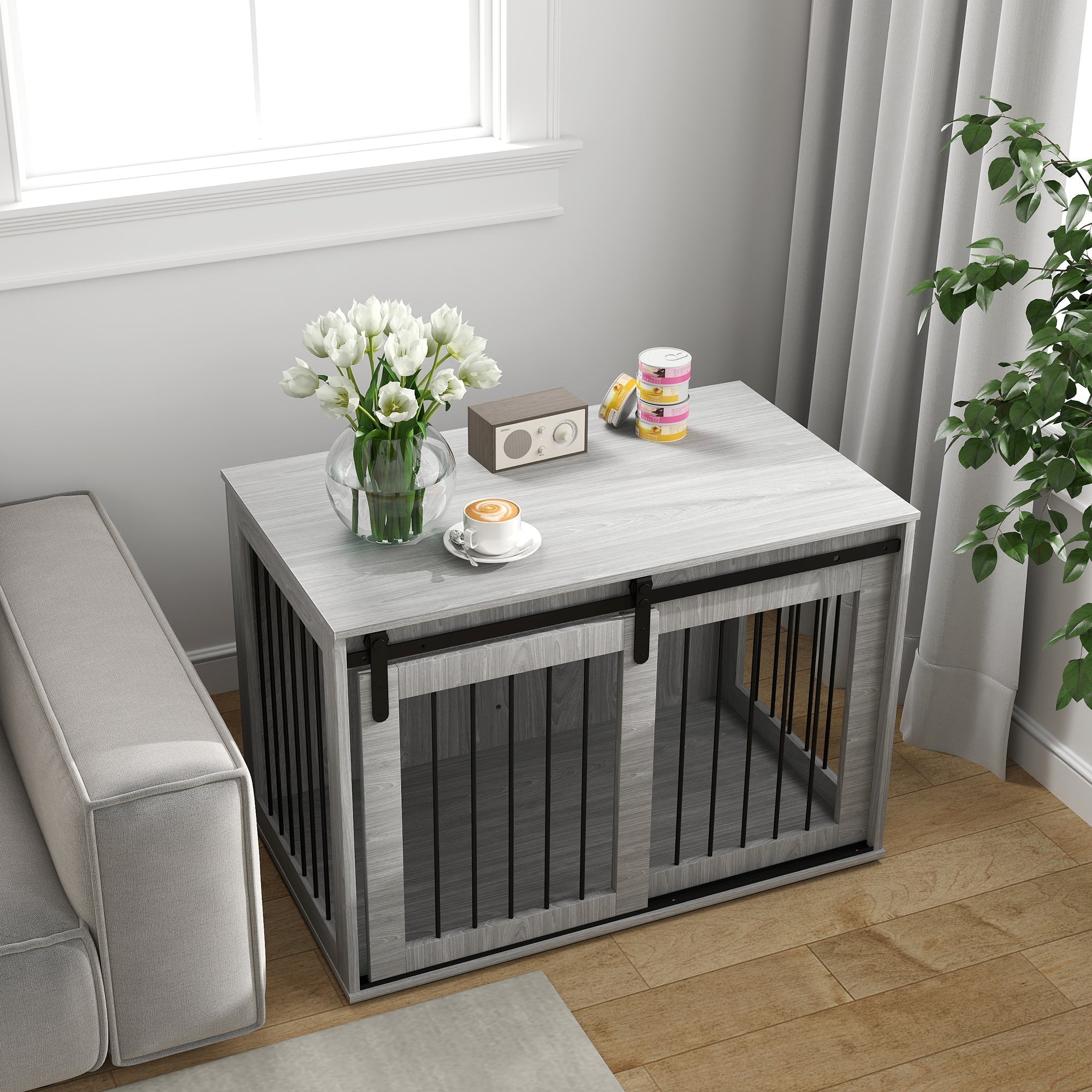 Dog Cage, Lockable Sliding Door, for Large Dogs, Grey