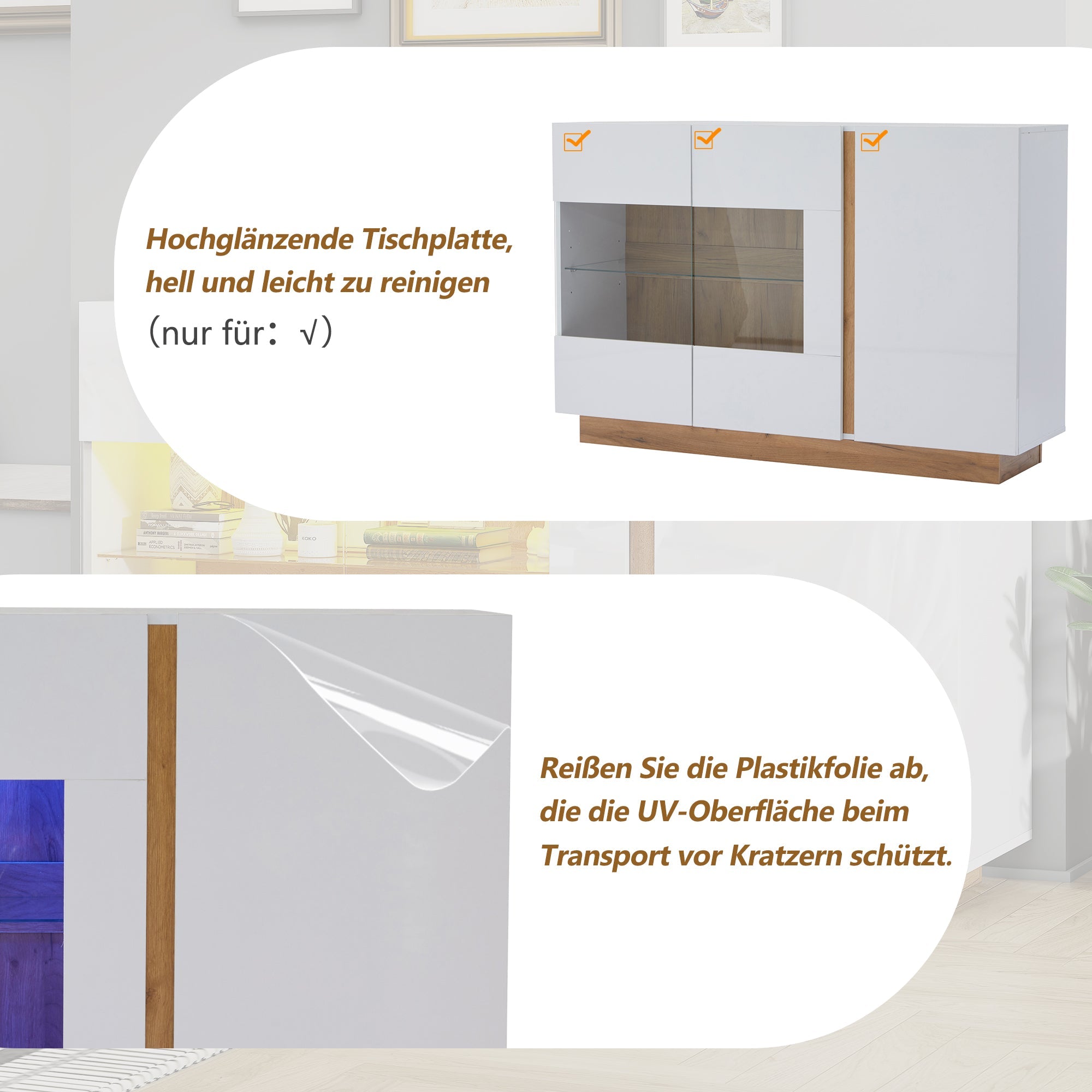 Sideboard High Gloss Chest of Drawers, White Chipboard with Glass