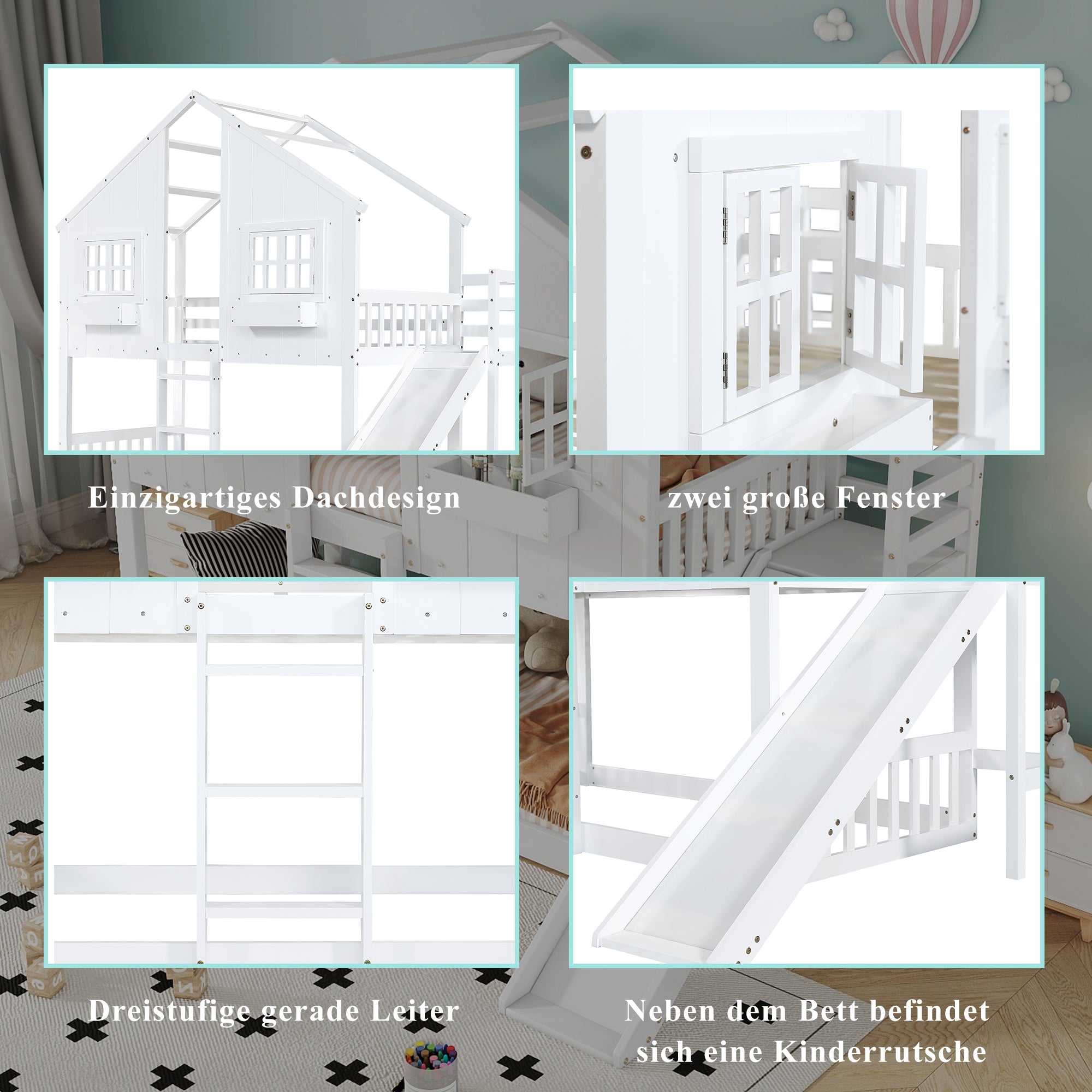 Bunk Bed with Slide, Roof & Window, Safety Gate, 3-Step Ladder, Pine + MDF, White, 90x200cm