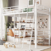 Loft Bed 90x200cm with Desk Shelves Railing Ladder Iron Frame White