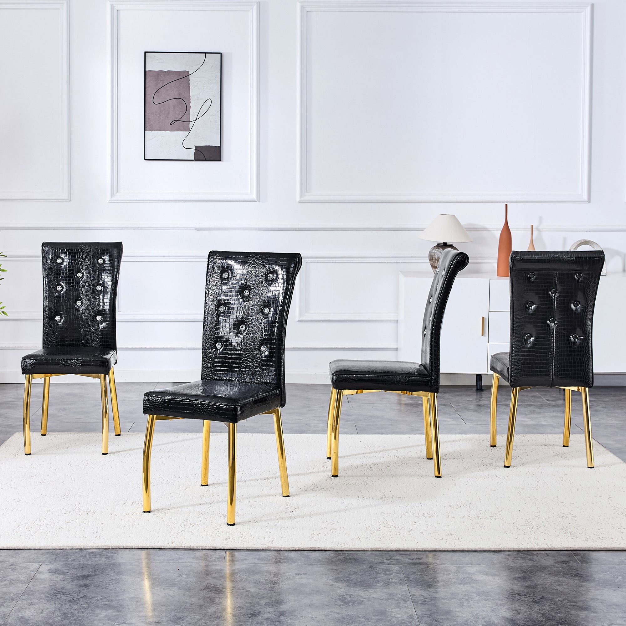 Dining Chairs Set of 2 Retro Upholstered Alligator-Skin Crystal Buckle Gold Legs Faux Leather