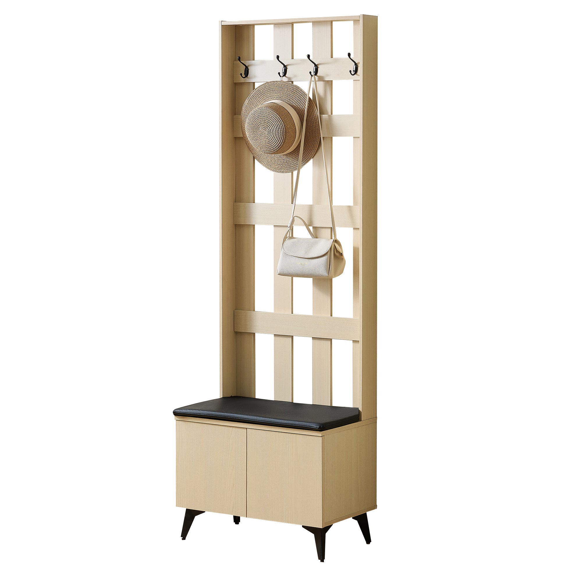 Modern Wardrobe with Bench and 4 Hooks, Storage, Black Steel Legs