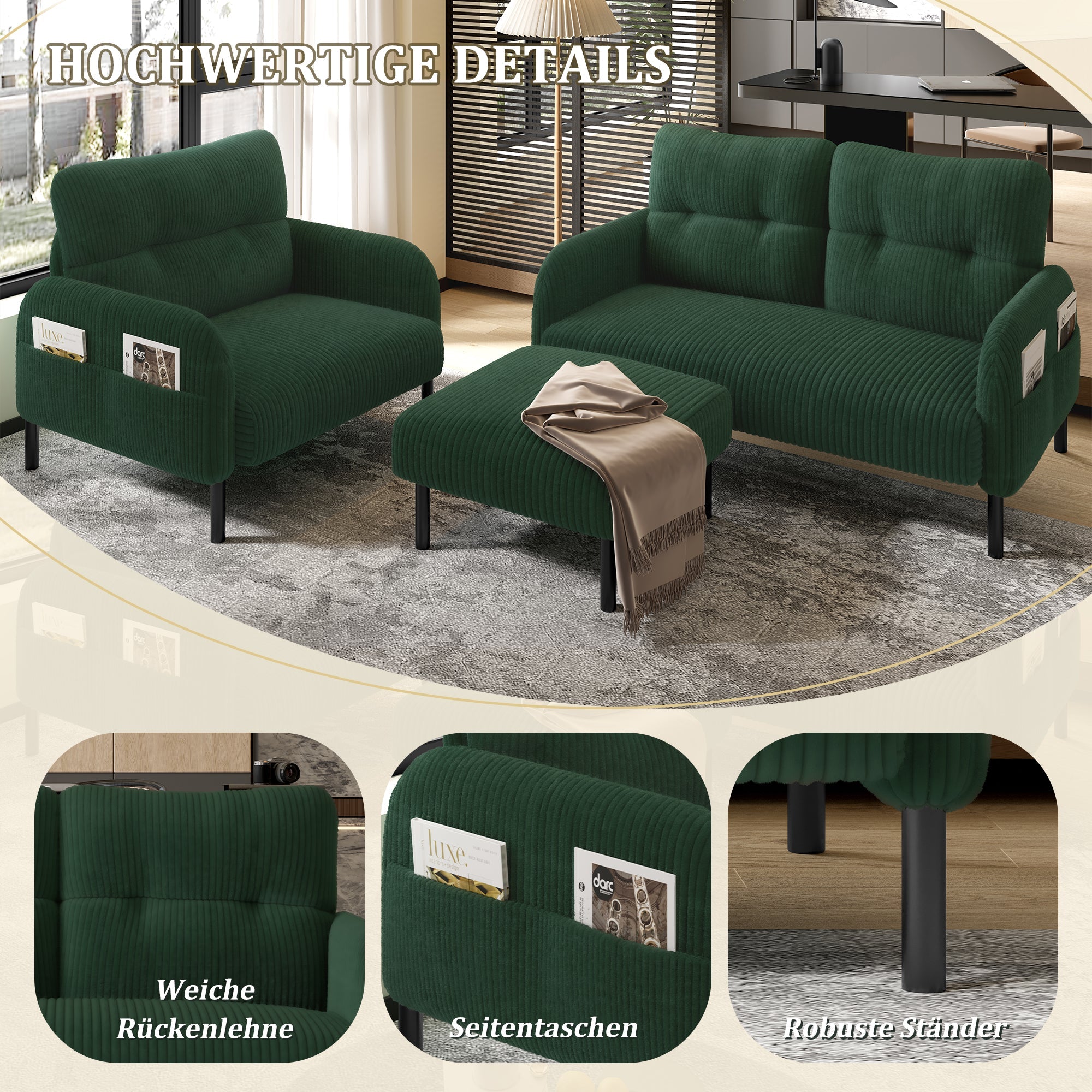 Cord Modular Sofa Set 3-Piece Armchair Footstool 2-Seater Side Pocket Emerald Green