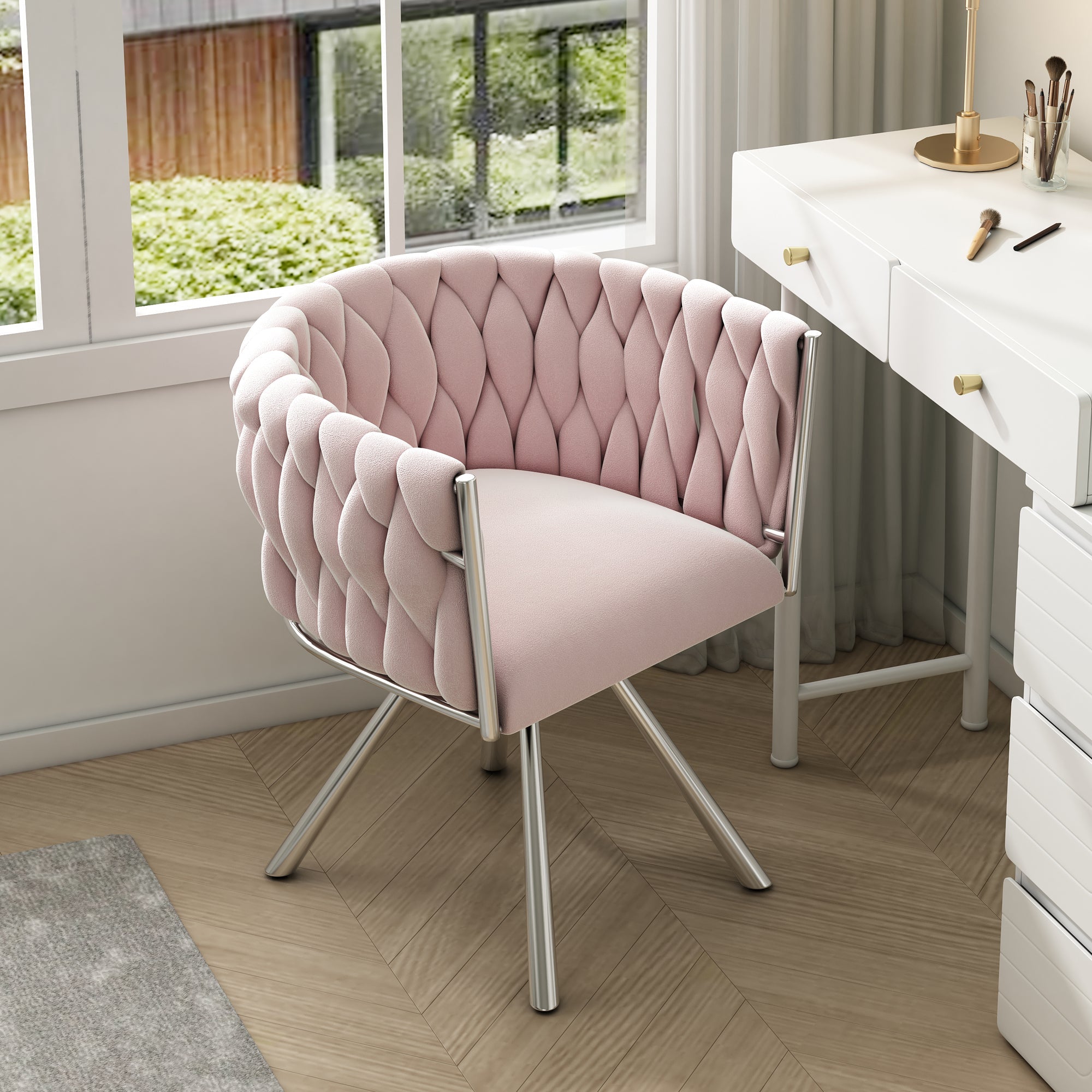 Velvet Vanity Chair Luxury Swivel Metal Legs - Pink