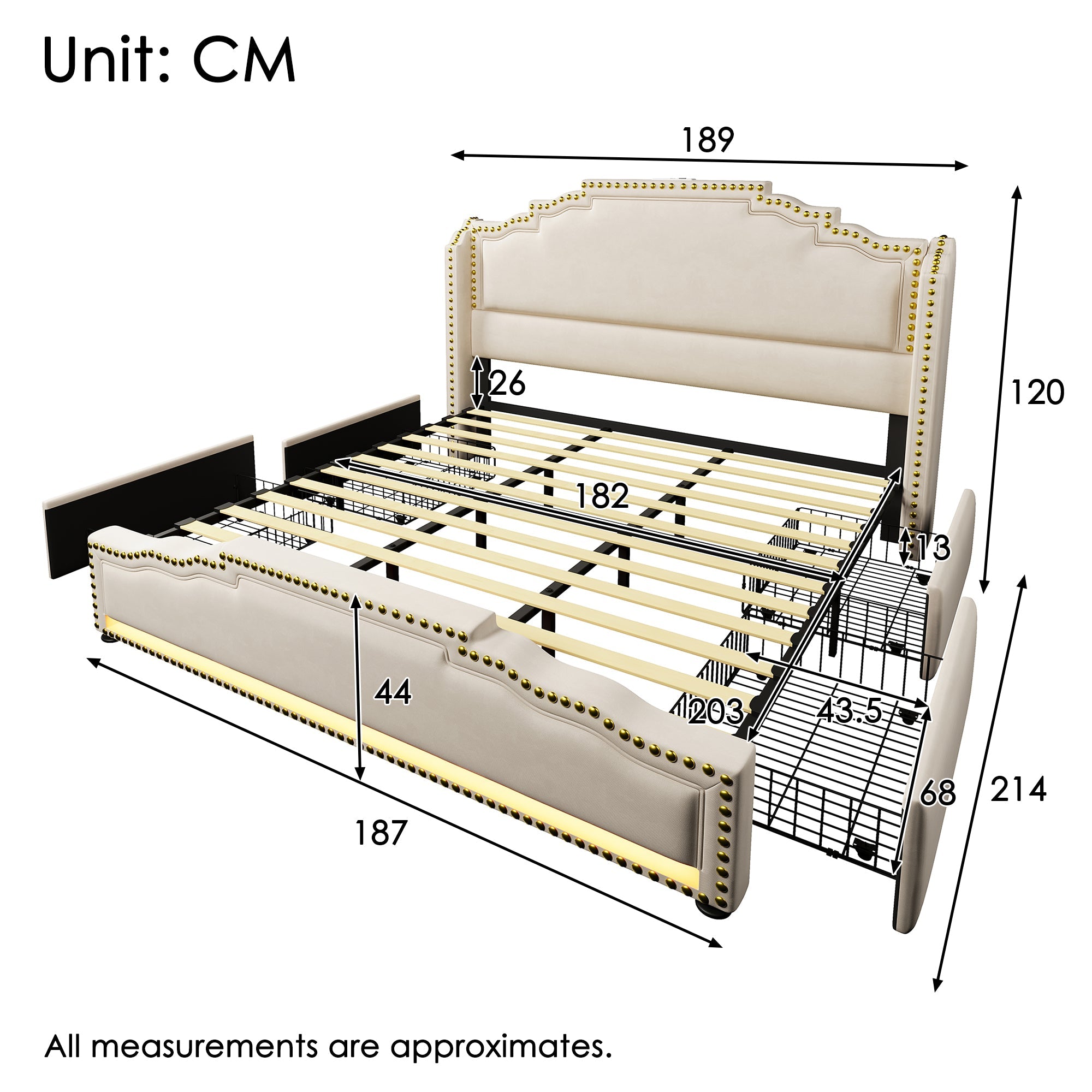 Upholstered Bed 180x200cm with 4 Drawers, LED Lighting and USB-C, Beige Velvet