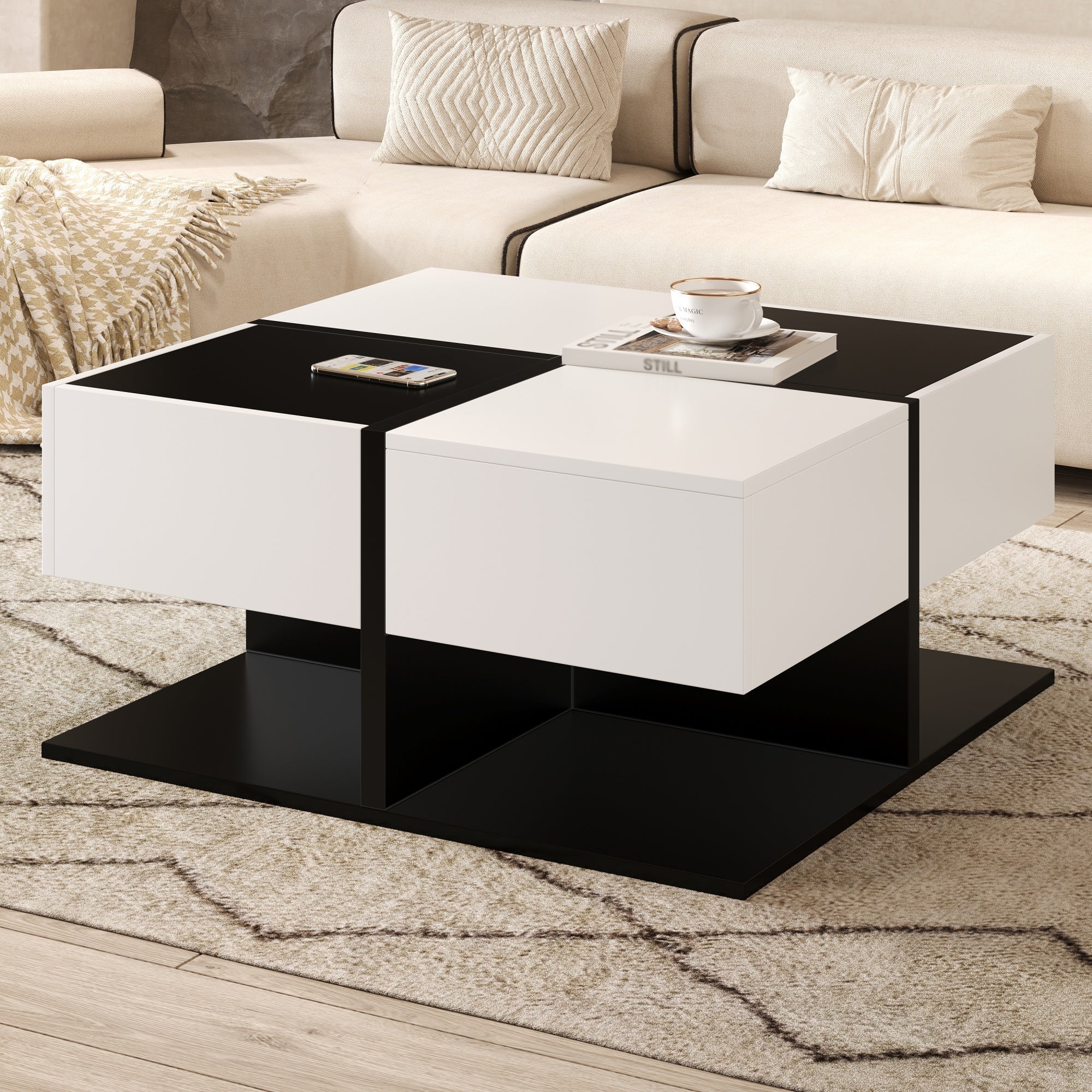Modern Coffee Table with 2 Drawers, Square Living Room Table, 70x70x35.5 cm, Black and White