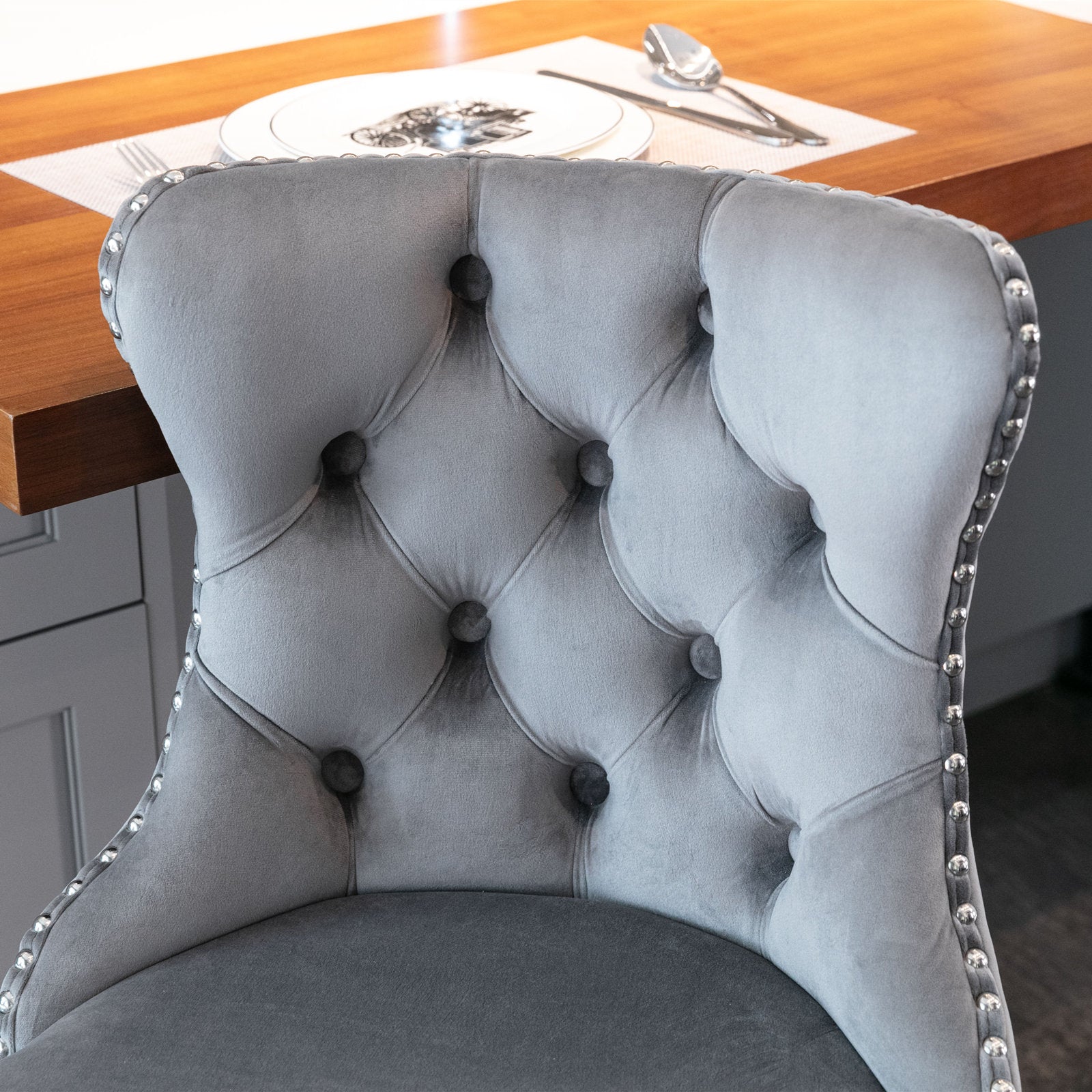 Swivel Barstools Adjustable Height Tufted Back Chrome Base Set of 2 - Velvet Gray