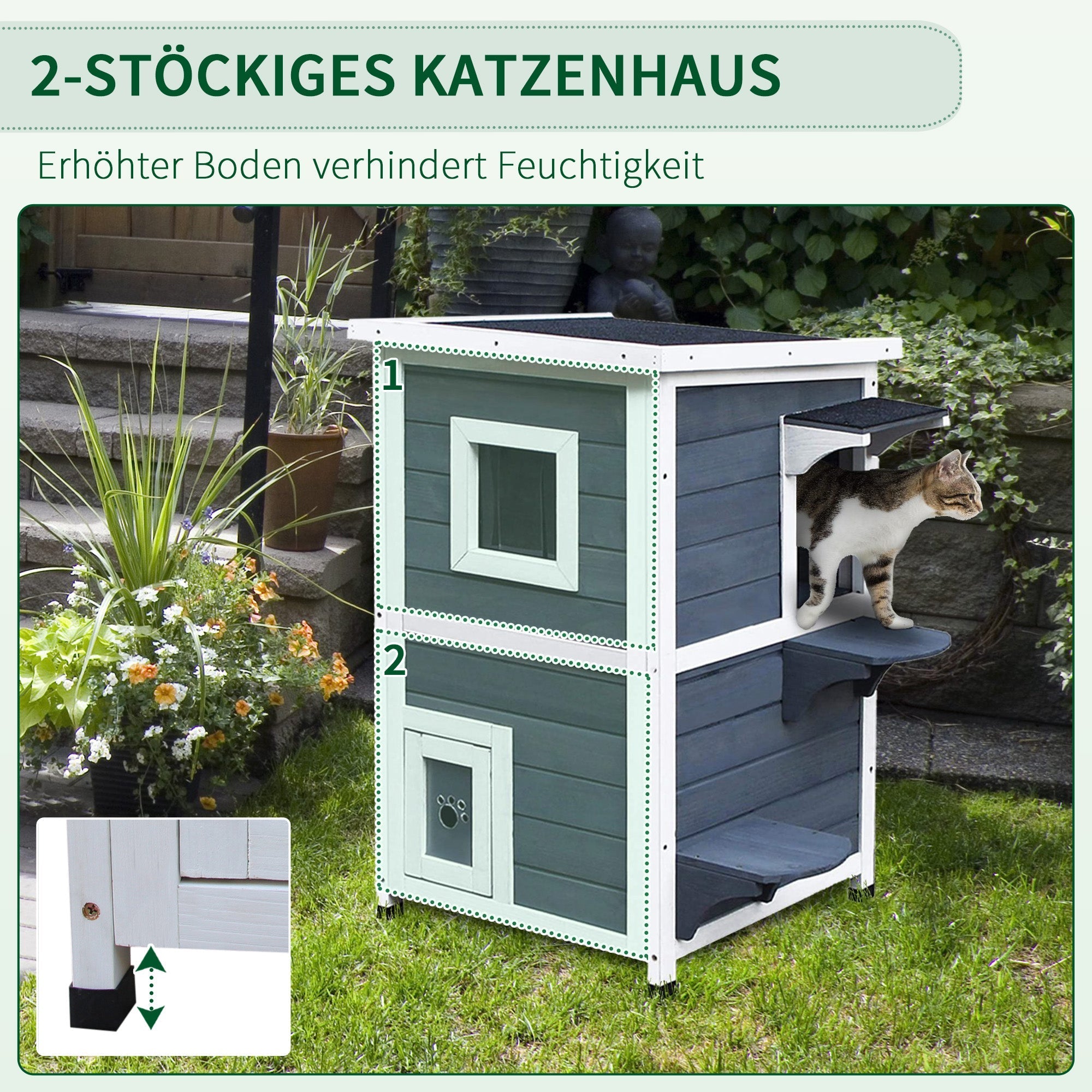 Cat House 2-Level Villa with Stairs, Grey Fir Wood