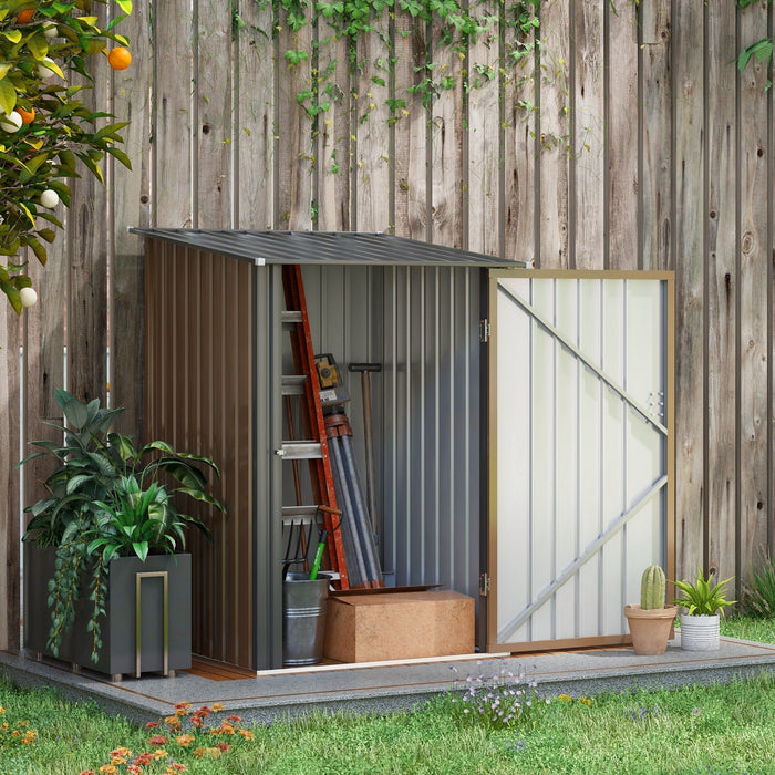 steel tool shed with pent roof and lockable garden cabinet, brown