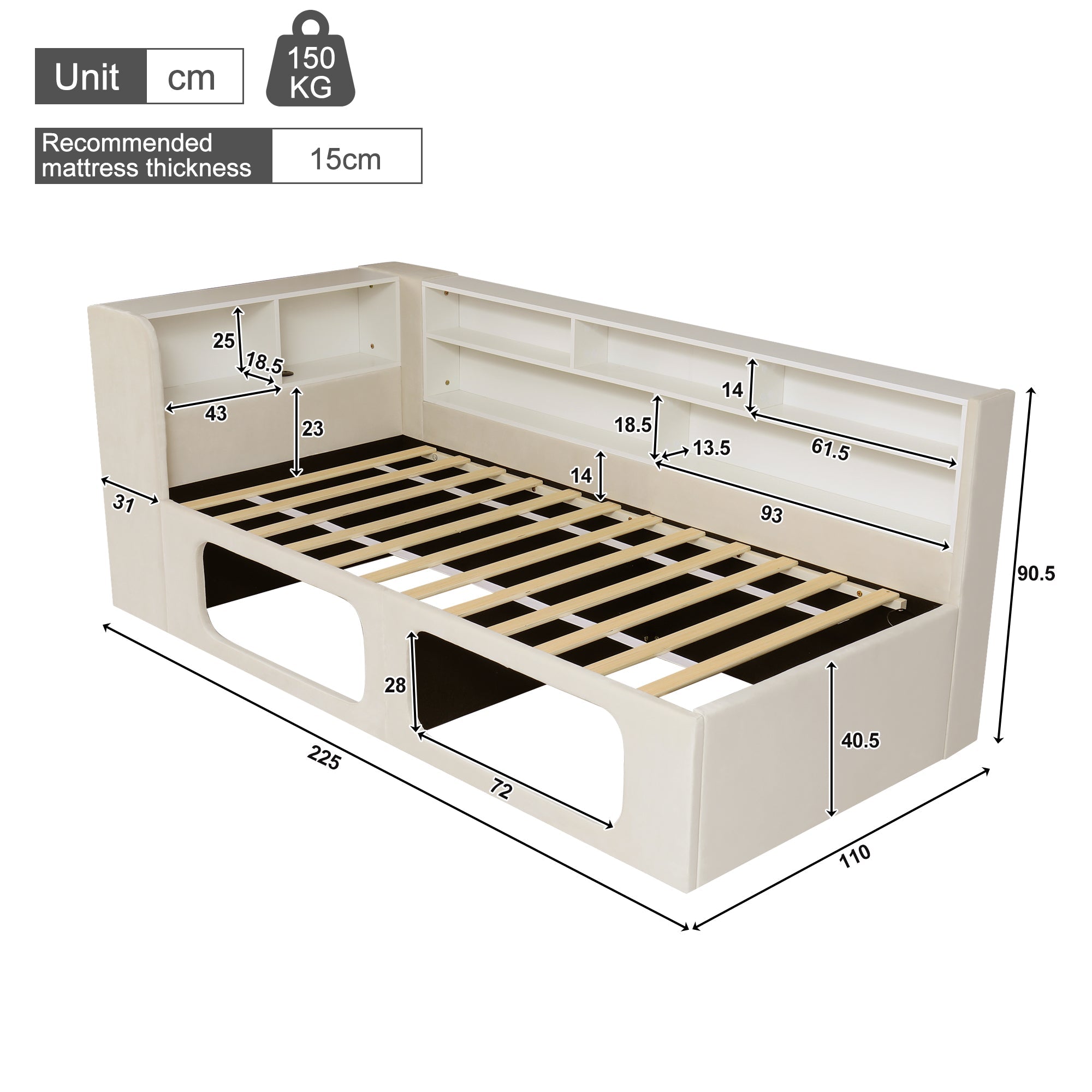 Daybed with Integrated Pet House, LED, USB and Storage, 90x200cm, Beige Velvet