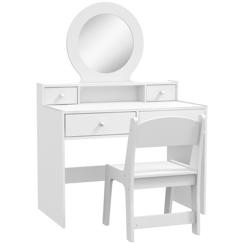 Kids Dressing Table Set with Stool, Mirror, and Storage Drawers, White Engineered Wood