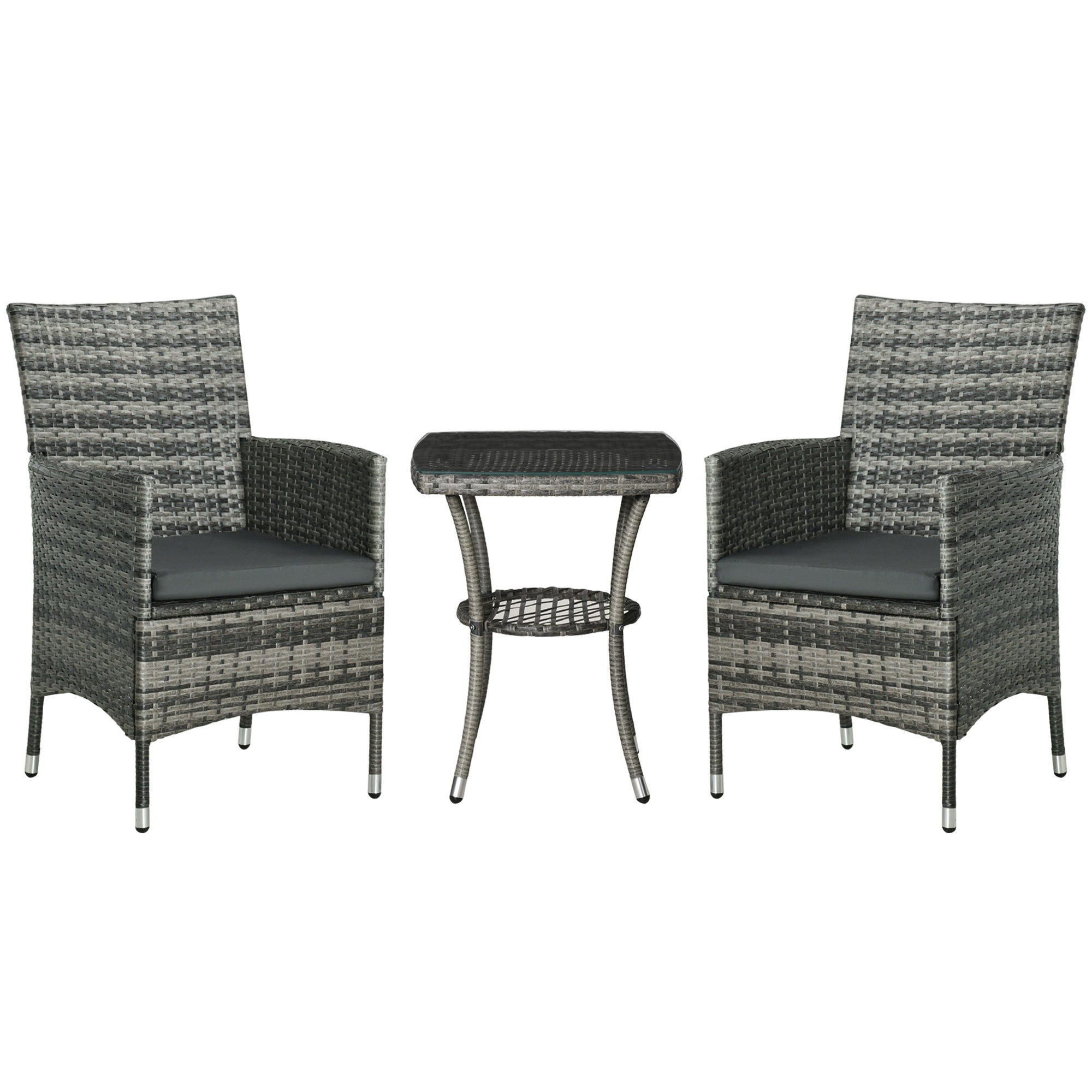3 Pieces Rattan Bistro Set, Wicker 2-Tier Coffee Table Chairs Washable Cushions, Mixed Grey