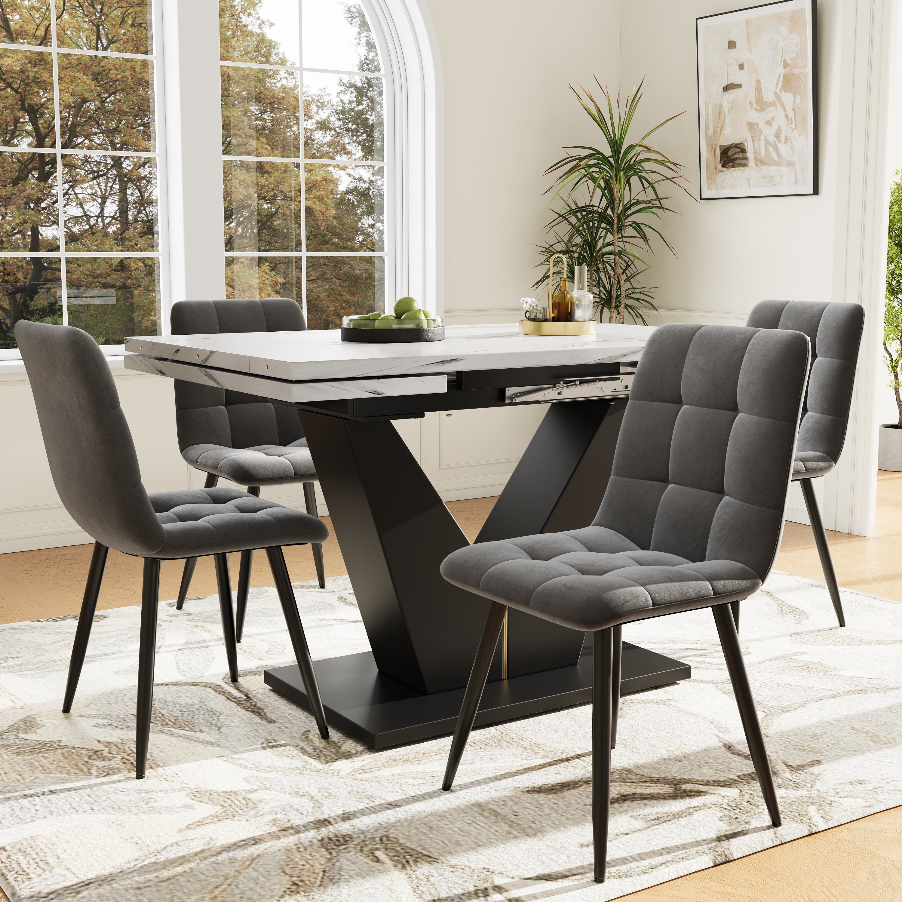 Dining Set 5-Piece Extendable Table 4 Velvet Chairs - White Marble/Grey