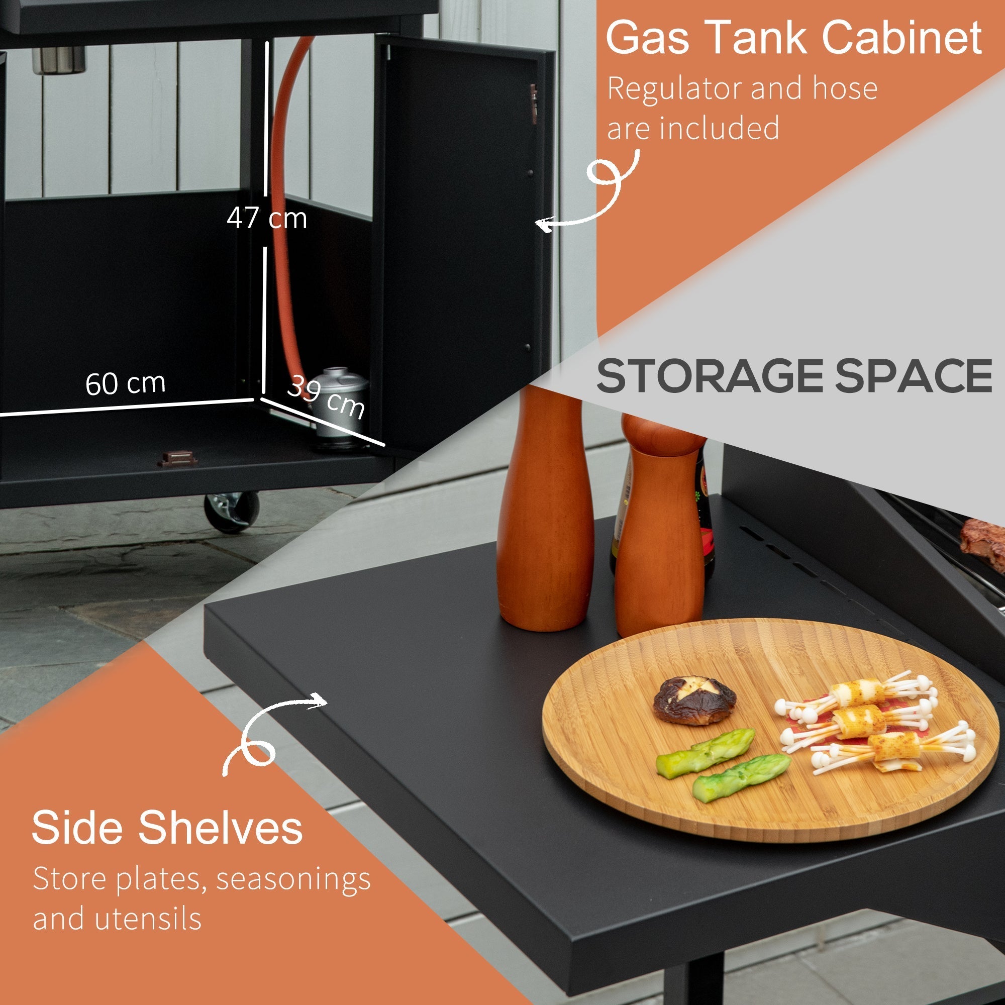 4 Burner Gas BBQ Grill, Portable Trolley w/ Warming Rack, Side Shelves & Storage, Carbon-Steel