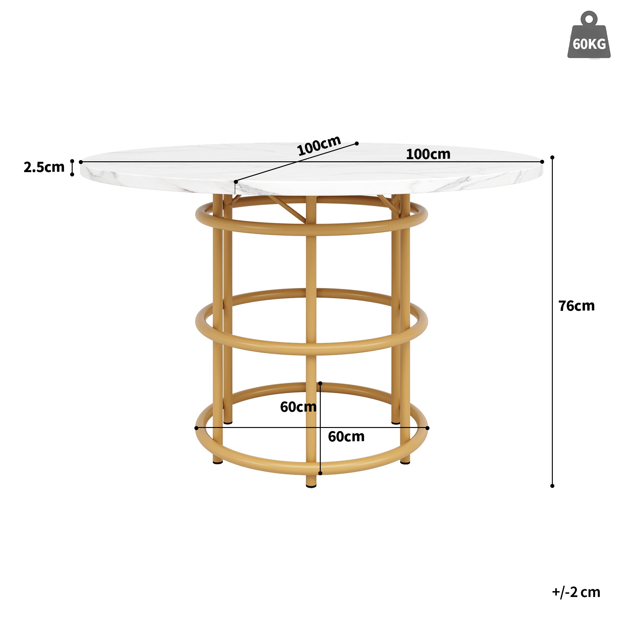 Round Dining Table 100cm 4-6 Seat Metal Ring Legs - Marbled MDF / Gold
