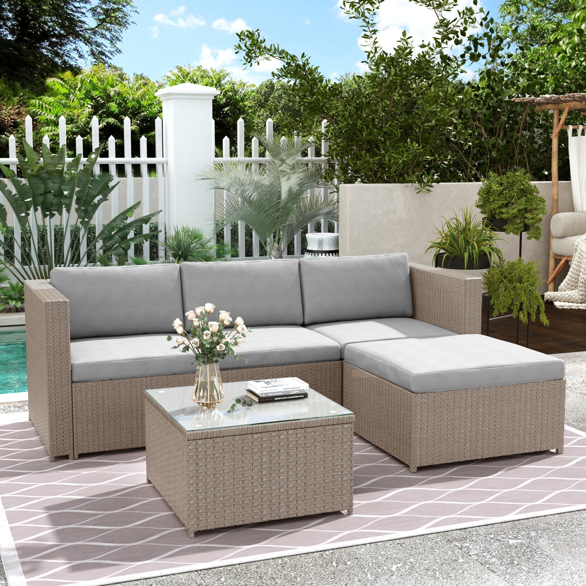 Polyrattan Lounge Sofa Set with Cushions and Glass Top Table, Khaki
