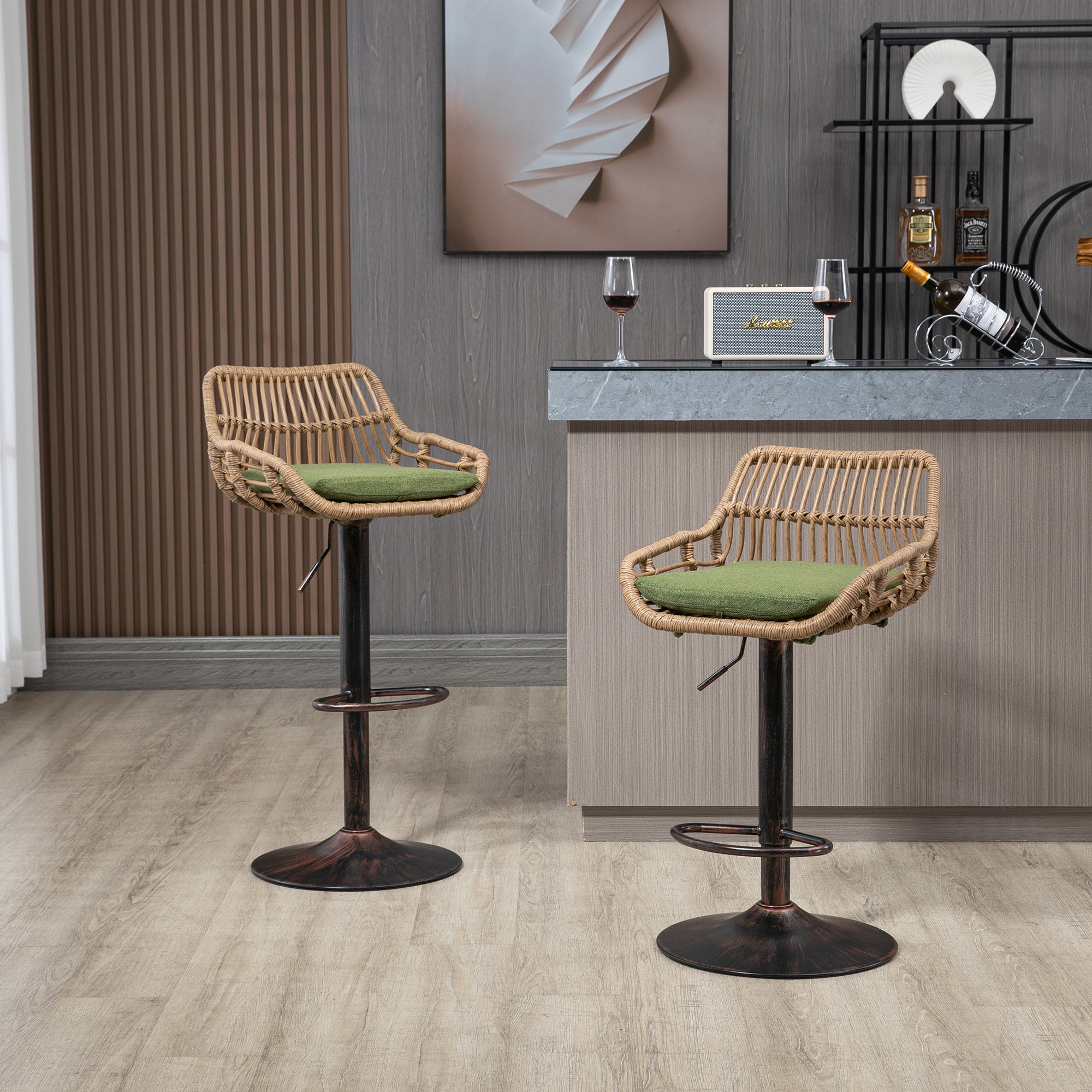 Modern Bar Stool Set of 2 Adjustable Chairs with Footrest, Green