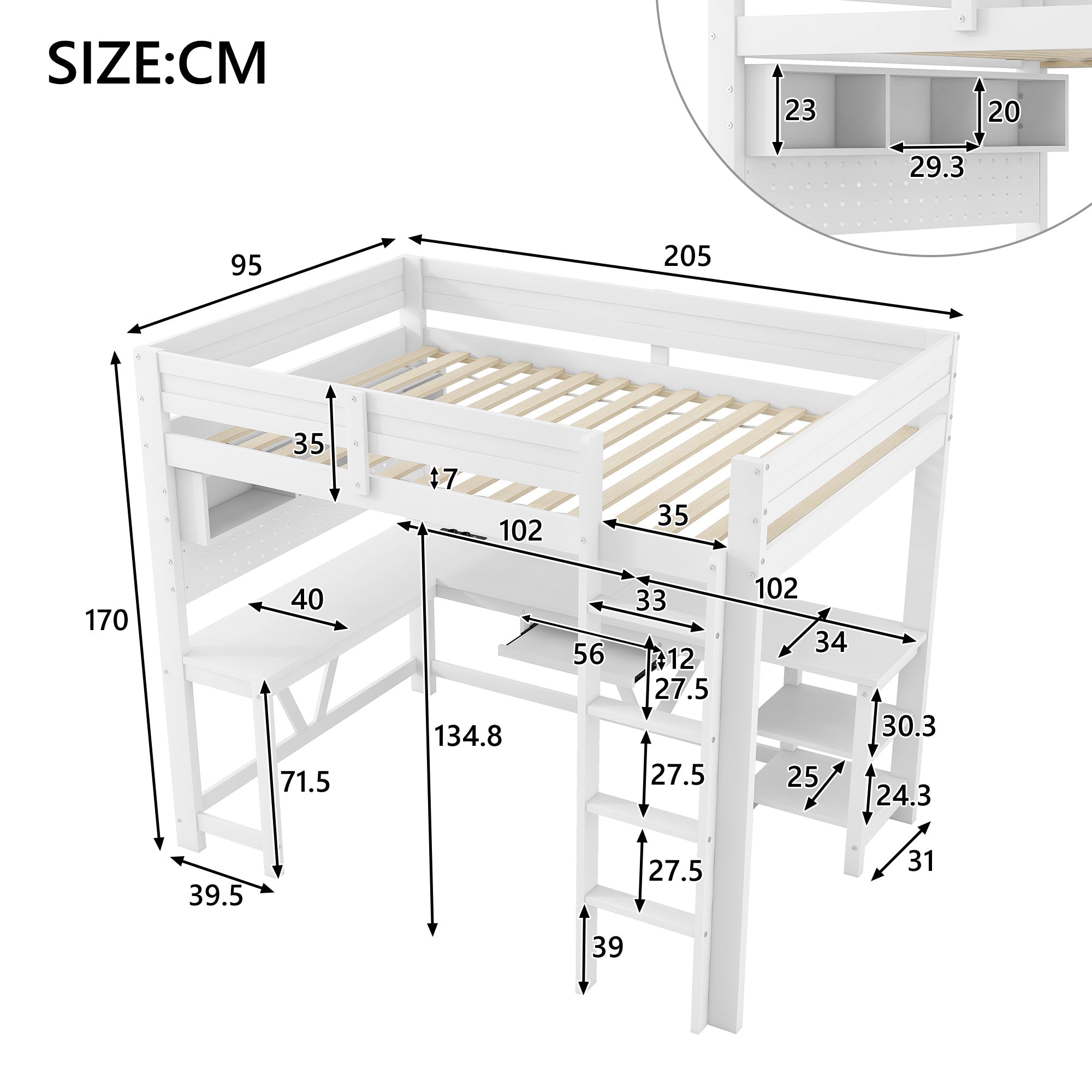 Gaming Loft Bed with Desk, LED Lighting and Charging Station, White Wood