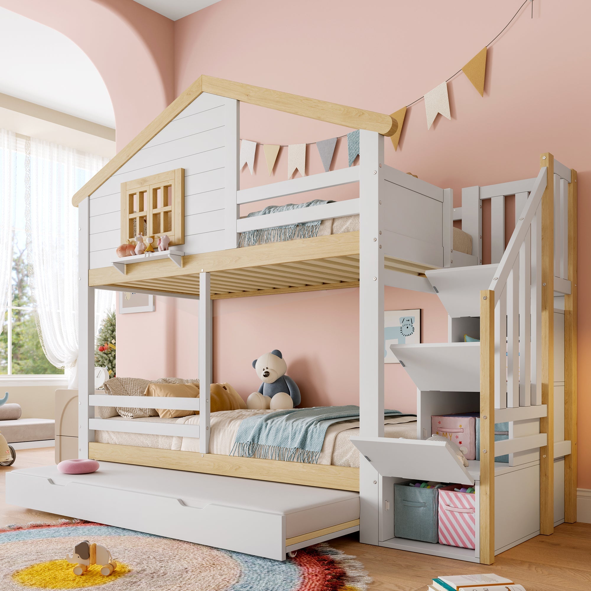 Bunk Bed with Pull-out Bed, Storage Ladder and House Frame, White and Natural
