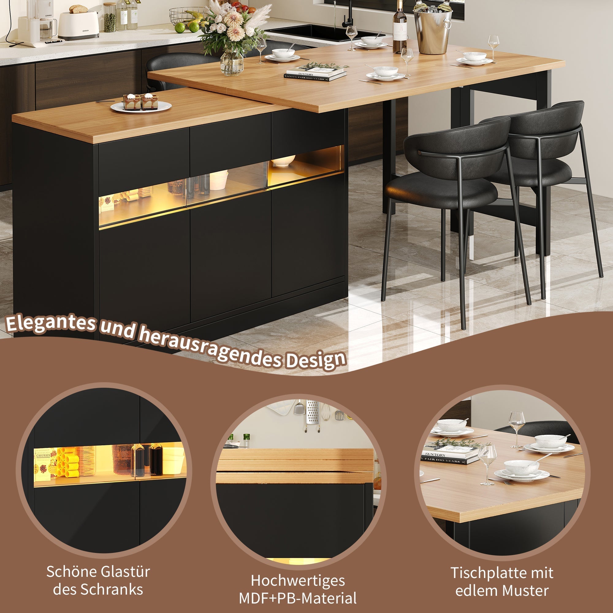 Extendable Bar Table with LED Lighting and 360° Swivel, 120-180cm Kitchen Island with Storage, MDF