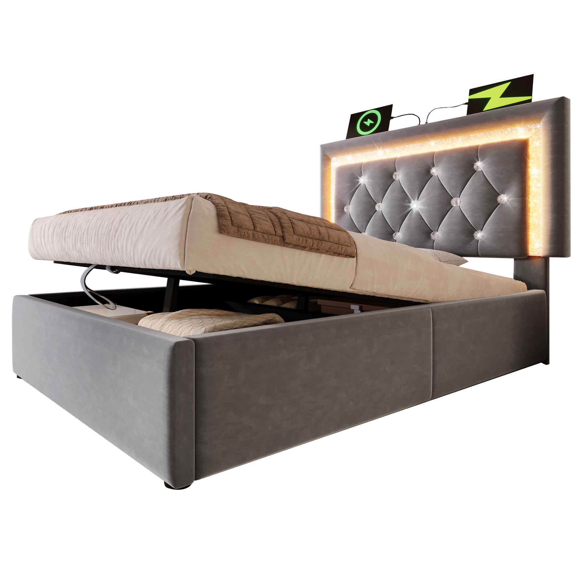Upholstered Single Bed 90x200cm Hydraulic Storage LED USB/Type-C Charging - Velvet Grey