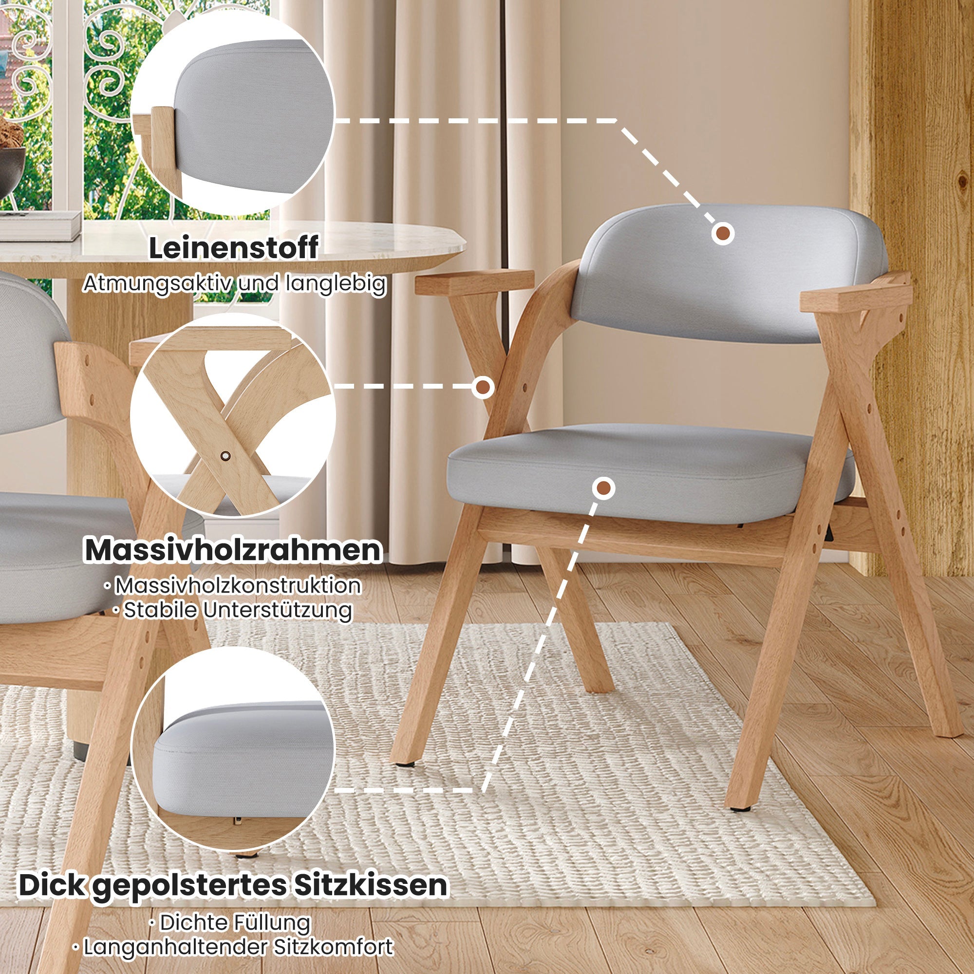 Set of 6 Folding Dining Chairs, Solid Wood and Breathable, Grey Linen