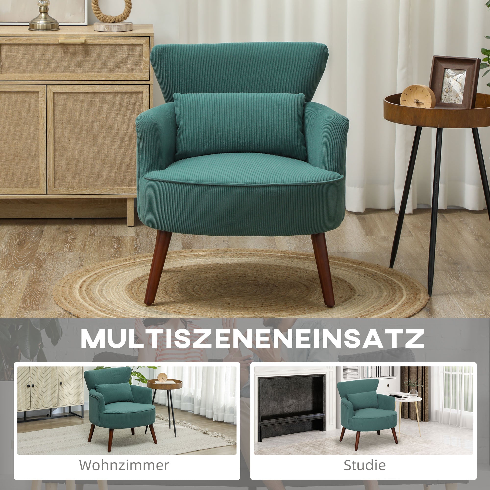 Armchair Lounge Chair Upholstered Corduroy Look Wooden Legs Dark Green