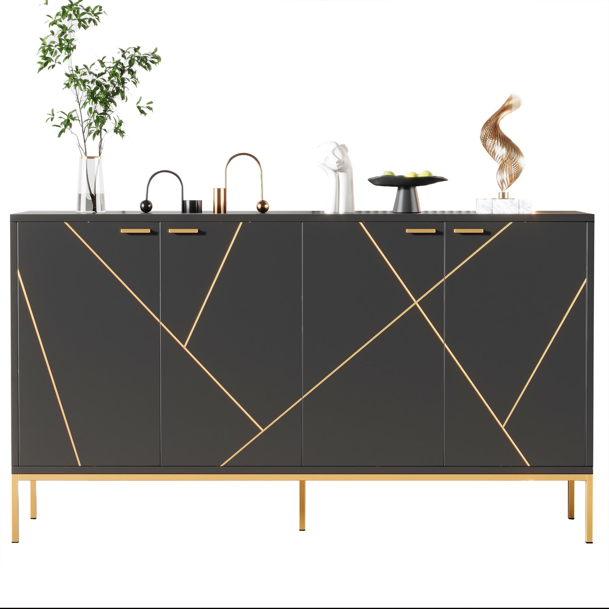 Sideboard four doors metal feet TV cabinet wardrobe linear design black and gold