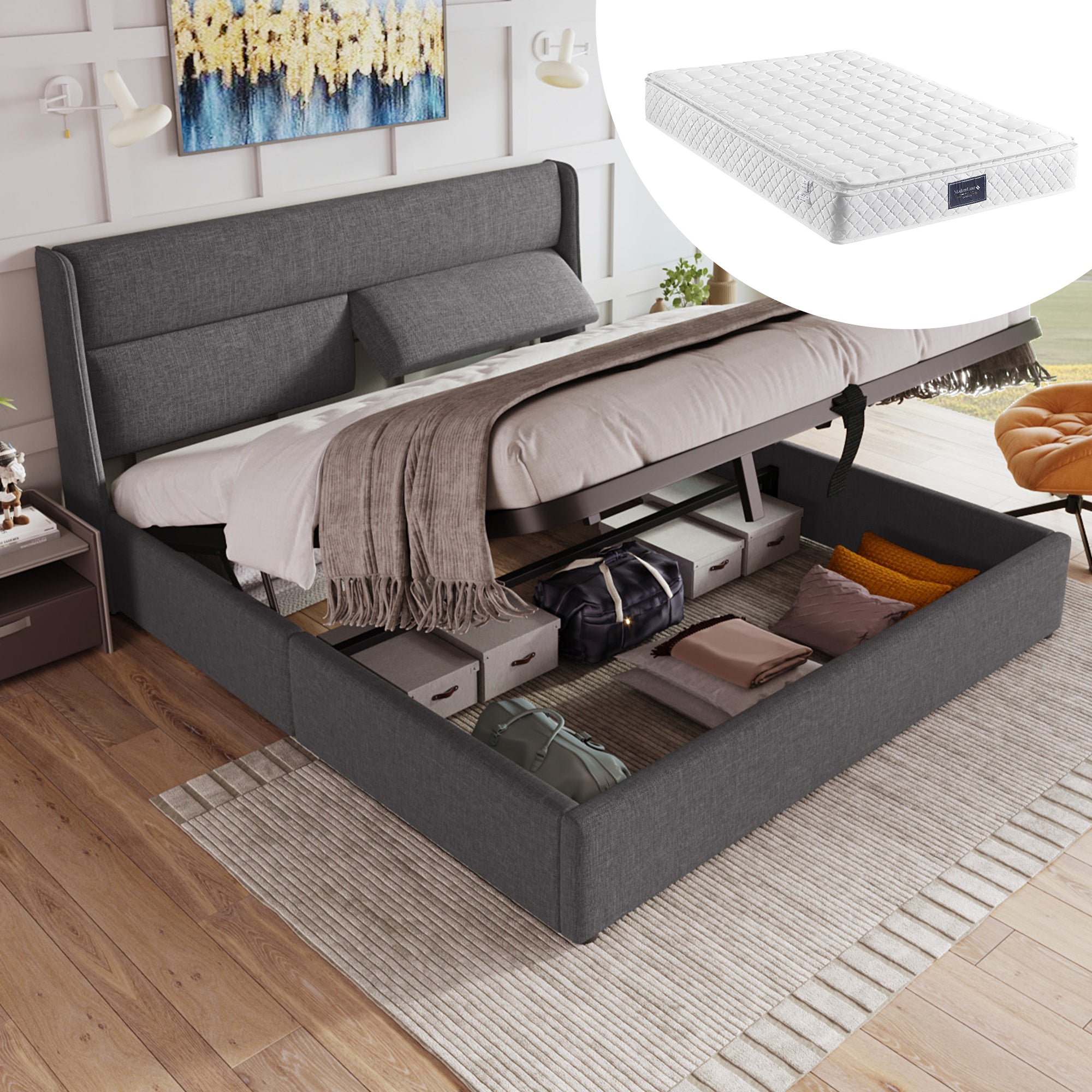 Upholstered Bed 160x200cm Hydraulic Storage Adjustable Headrests - Linen Grey