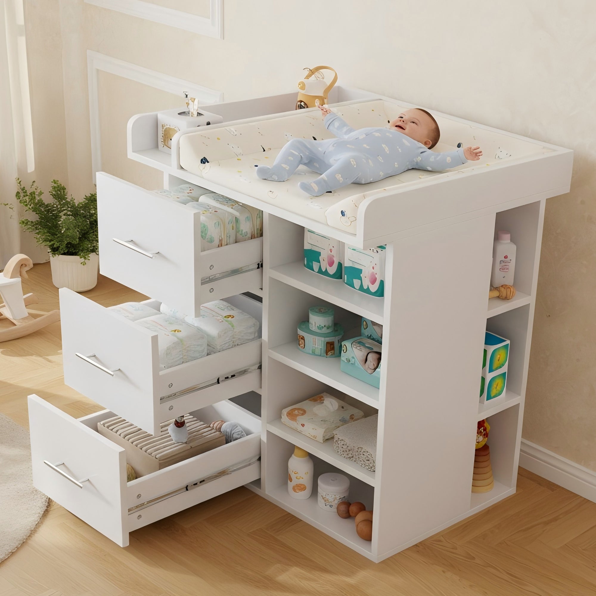 Changing Table with 3 Drawers and Side Storage, White
