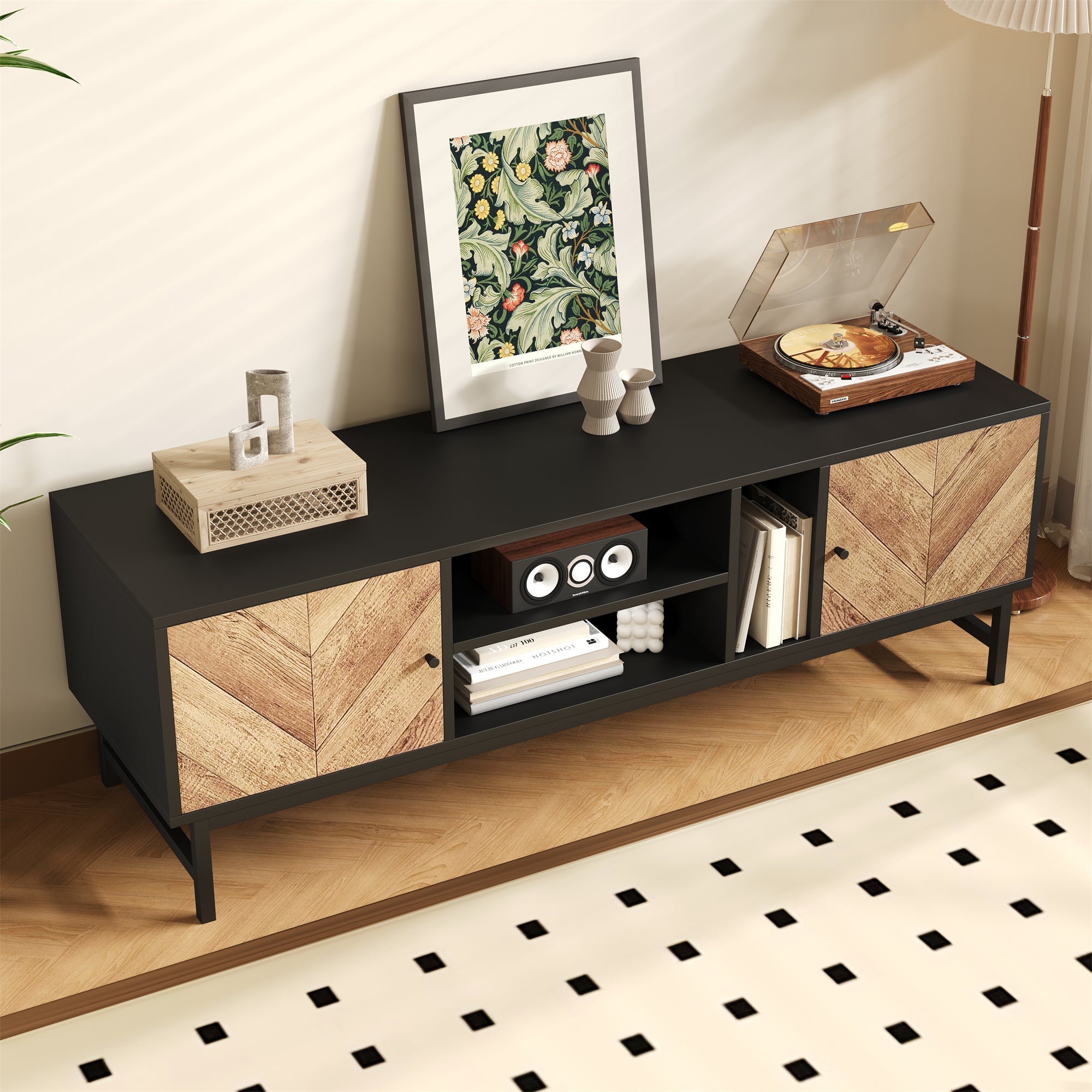 TV Cabinet 150 cm, Versatile Storage with Cabinets & Compartments, Black & Wood